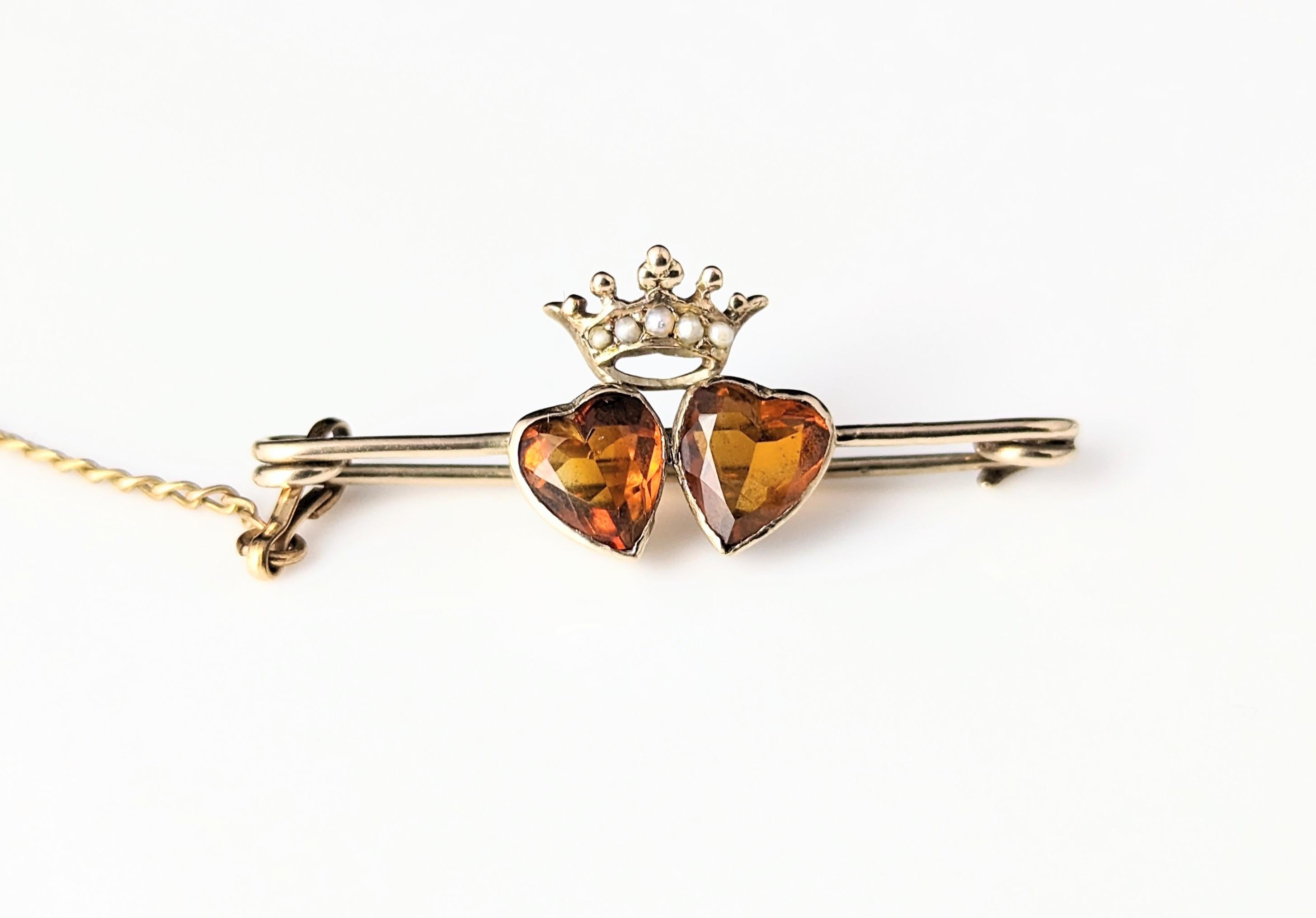 Antique Citrine double crowned hearts brooch, 9k gold, Luckenbooth  7