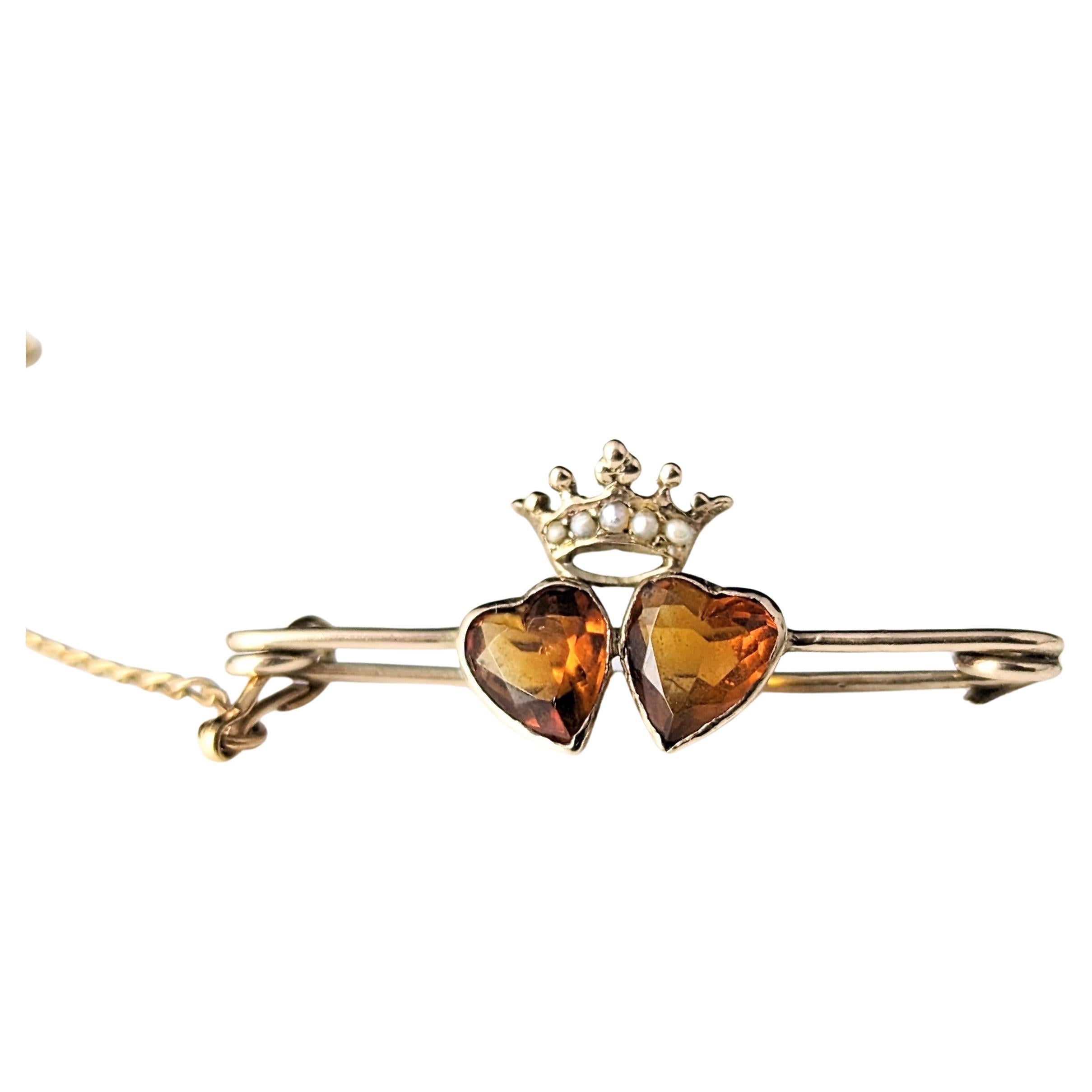 Antique Citrine double crowned hearts brooch, 9k gold, Luckenbooth  8