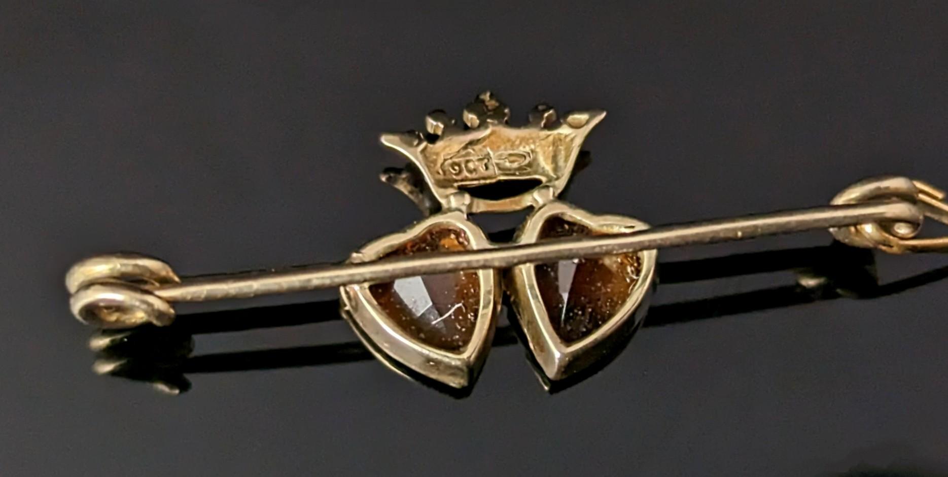 Antique Citrine double crowned hearts brooch, 9k gold, Luckenbooth  2