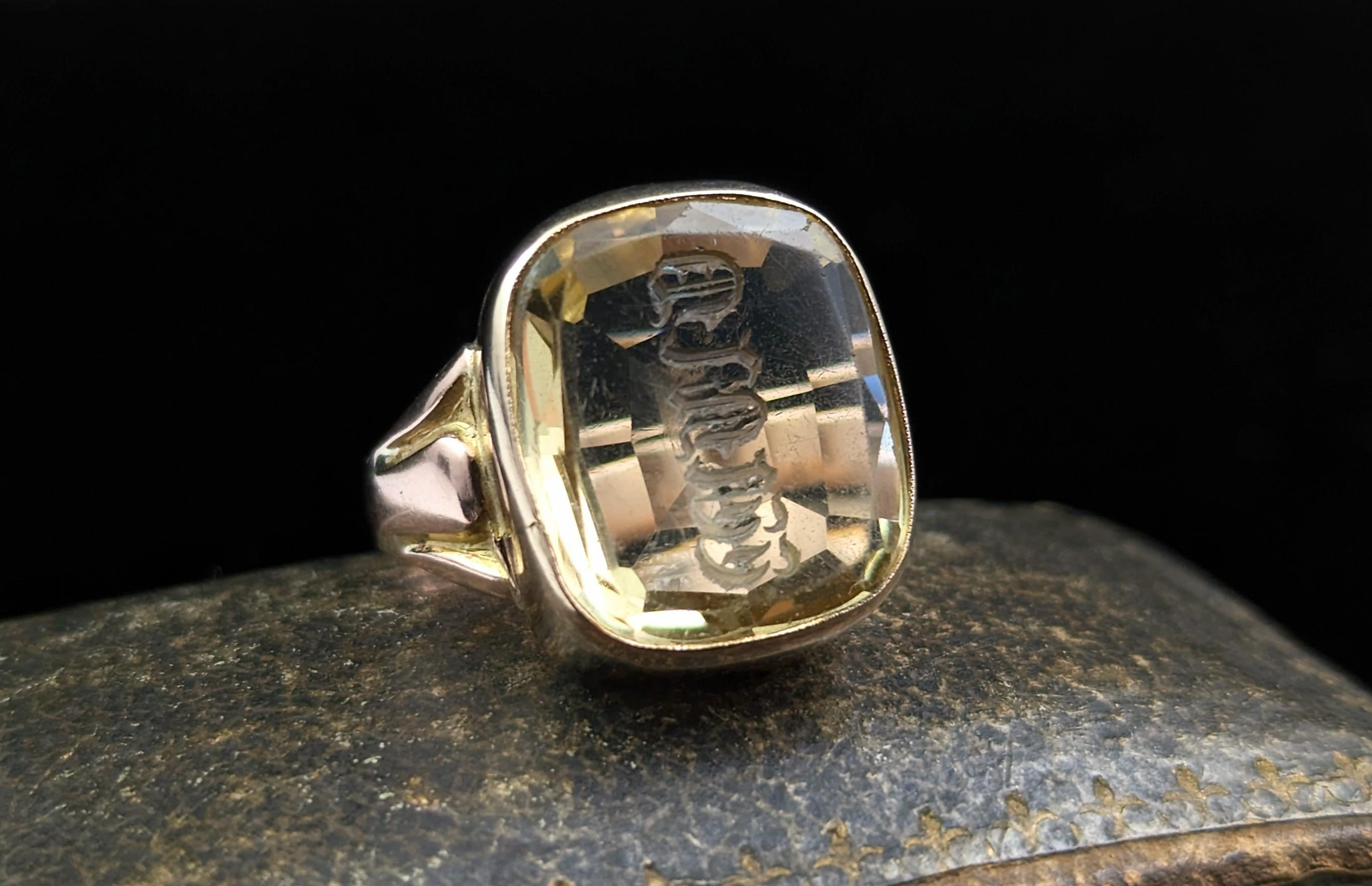 Antique Citrine Intaglio Seal Ring, Monogrammed, Signet, 9k Gold 5