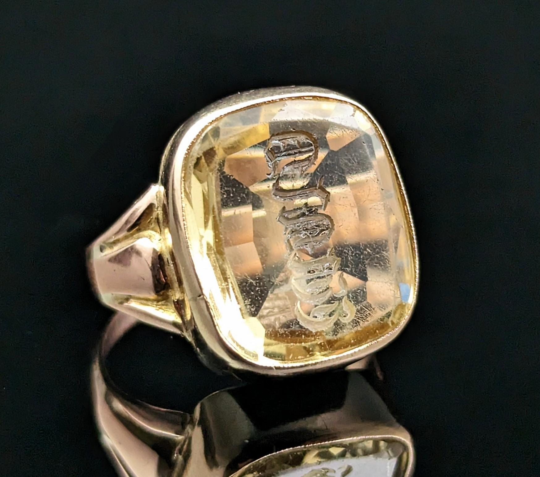 Antique Citrine Intaglio Seal Ring, Monogrammed, Signet, 9k Gold 7