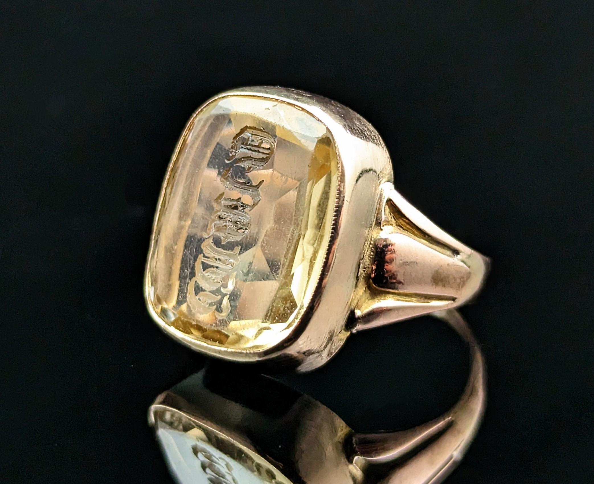 Mixed Cut Antique Citrine Intaglio Seal Ring, Monogrammed, Signet, 9k Gold