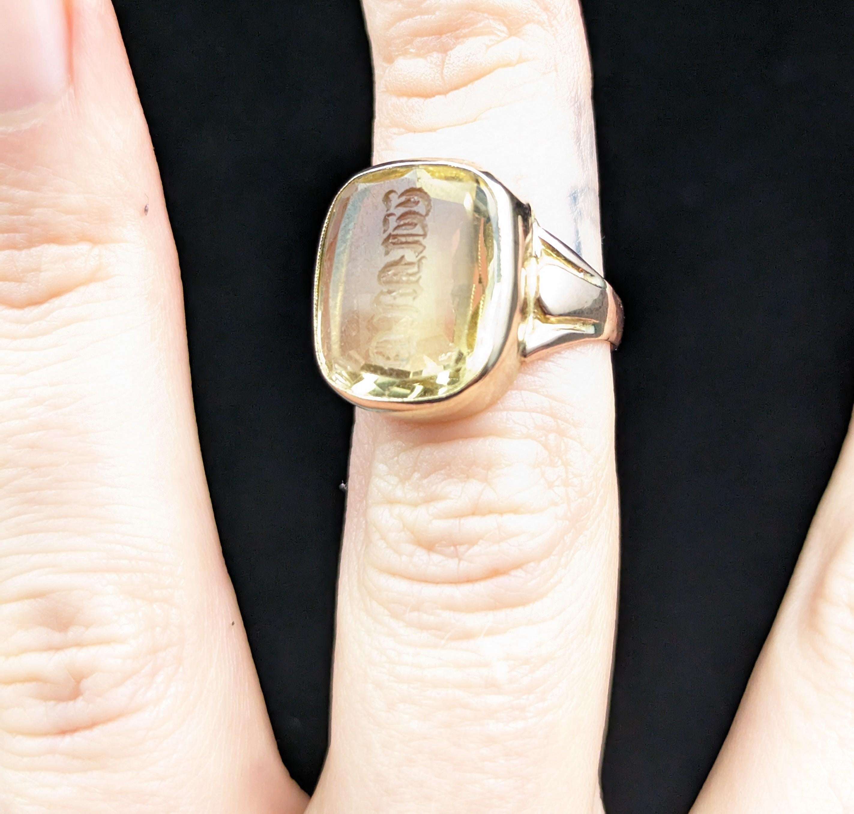 Antique Citrine Intaglio Seal Ring, Monogrammed, Signet, 9k Gold In Fair Condition In NEWARK, GB
