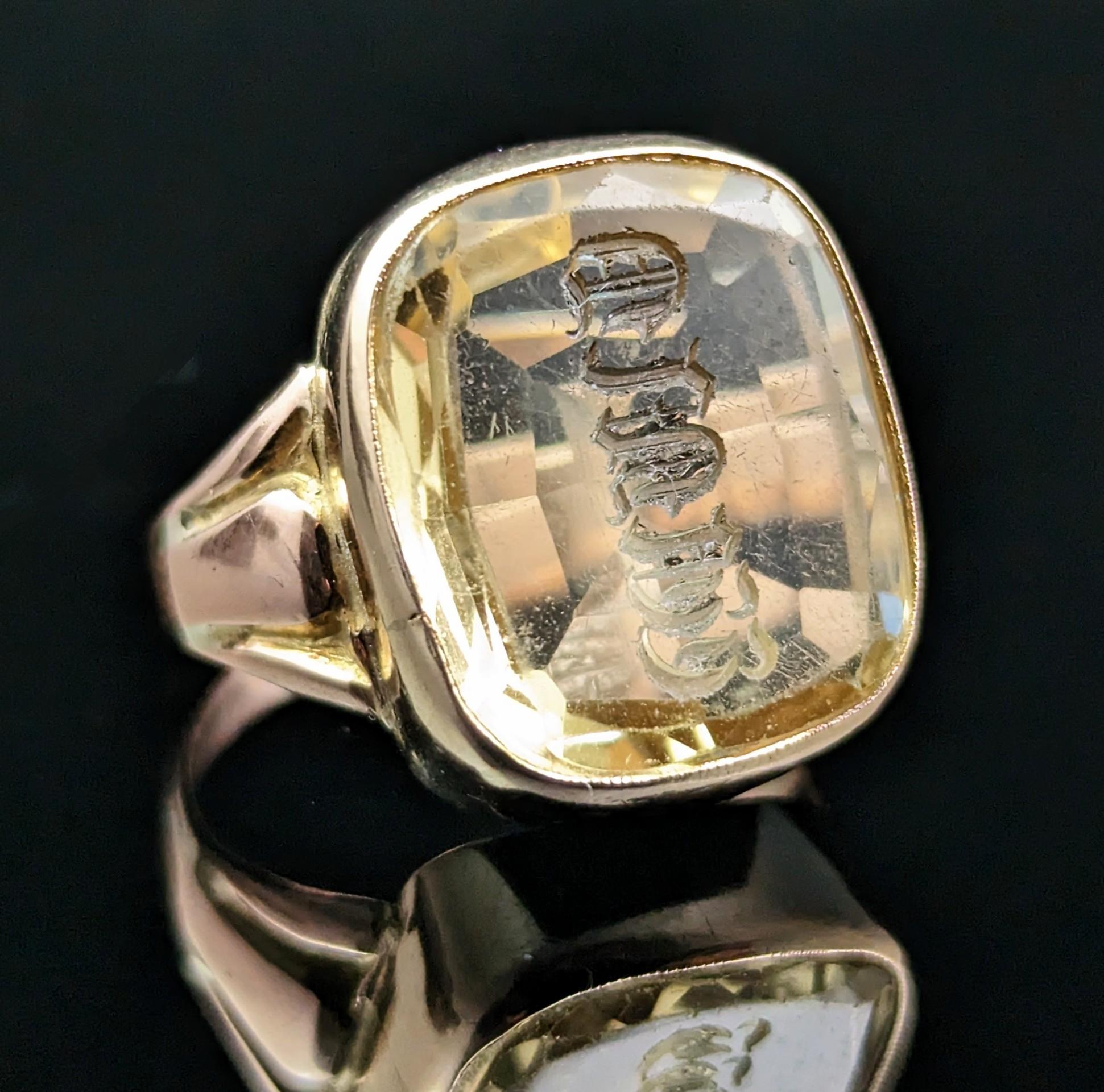 Women's or Men's Antique Citrine Intaglio Seal Ring, Monogrammed, Signet, 9k Gold