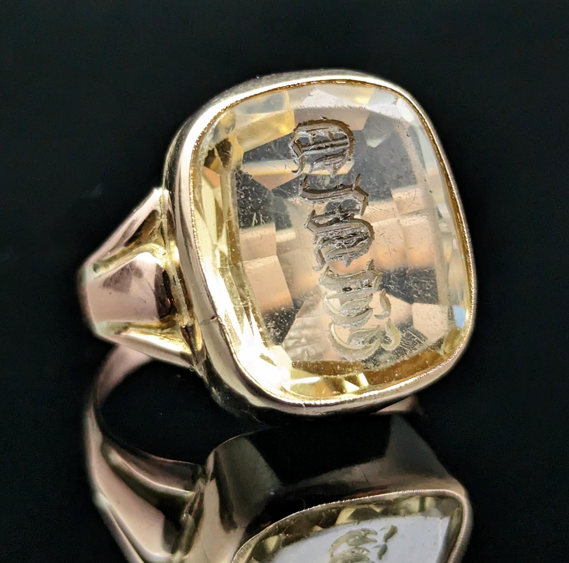 Antiker Citrin-Intaglio-Siegelring, Monogrammiert, Siegel, 9k Gold für Damen oder Herren