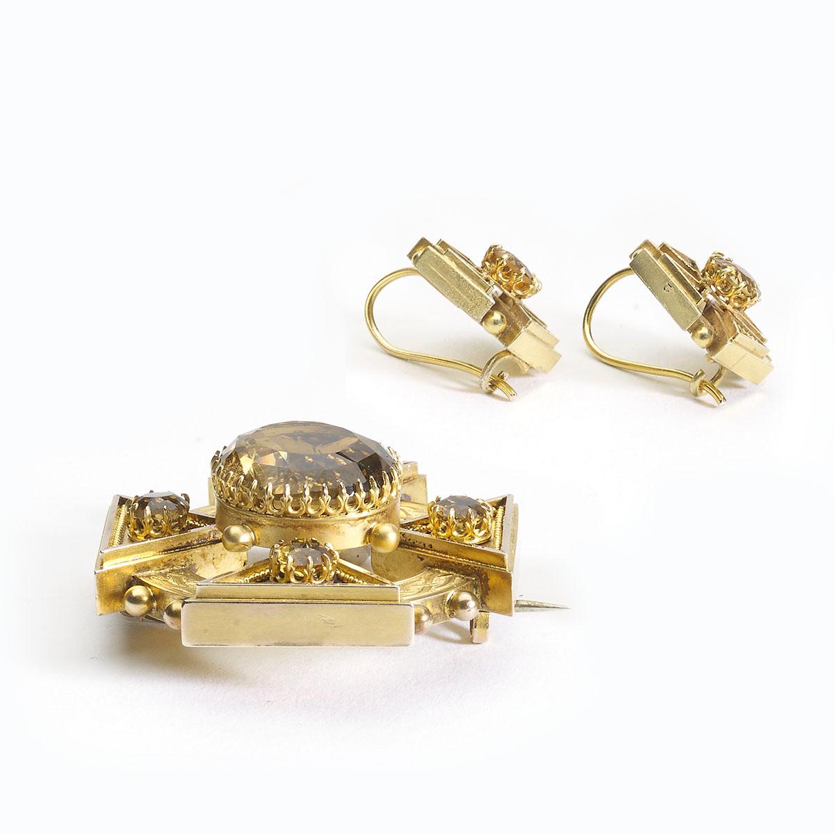 An antique citrine and gold Maltese Cross brooch and earrings suite, set with circular citrines in the centre, with decorative claw settings, with citrine set triangles, with granulation decorating the edges, forming the cross, superimposed on a