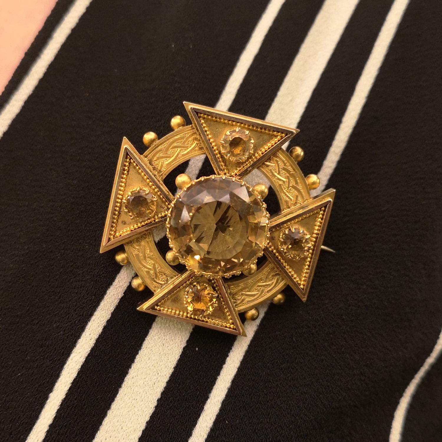 Antique Citrine Maltese Cross Brooch and Earrings Suite, circa 1875 In Good Condition In London, GB