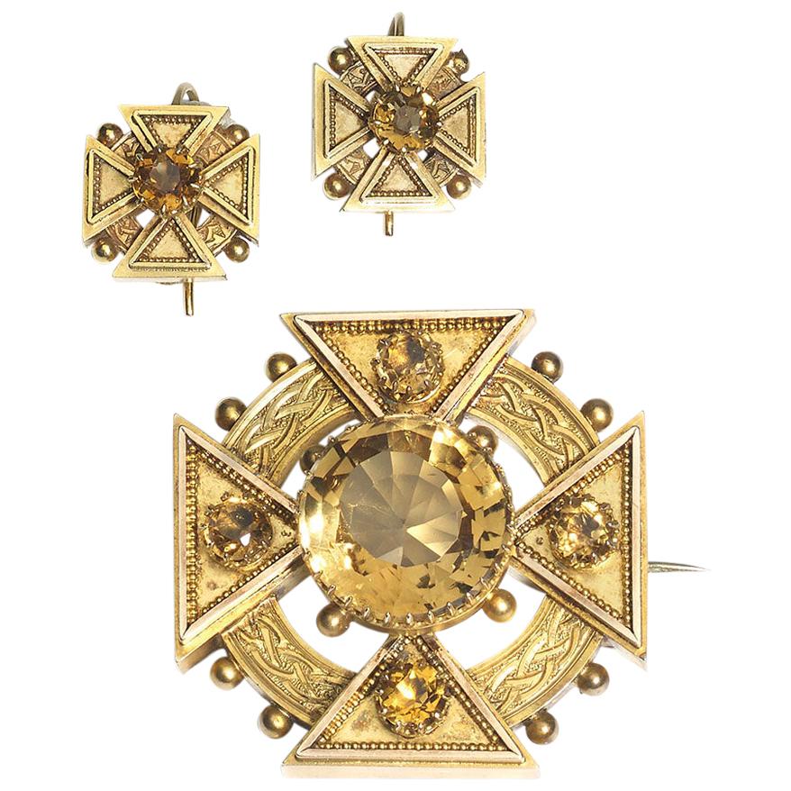 Antique Citrine Maltese Cross Brooch and Earrings Suite, circa 1875
