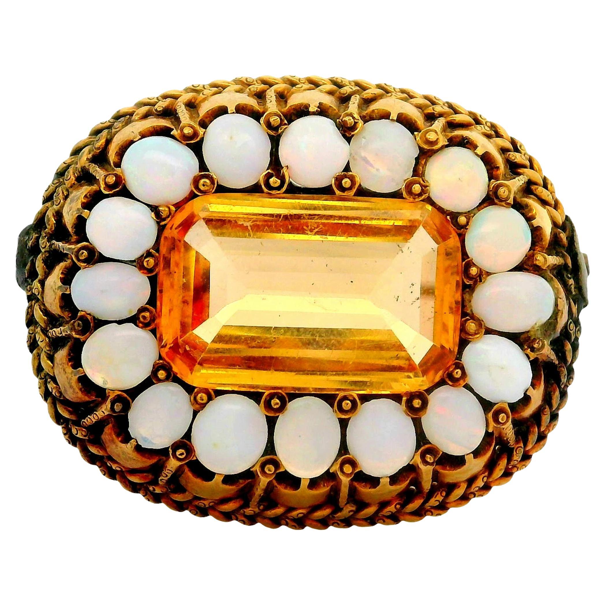 Antique Citrine Opal 10K Gold Halo Brooch