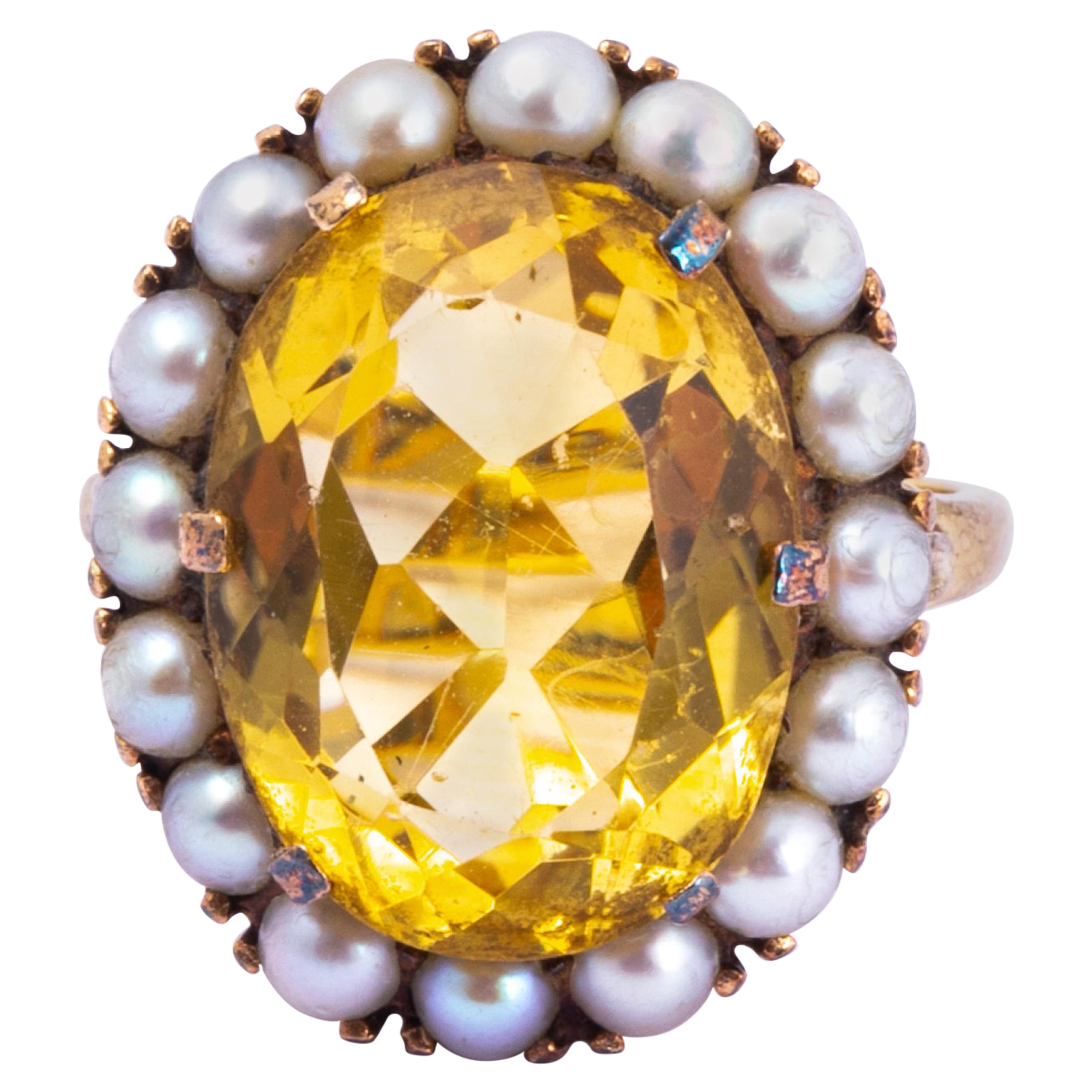 Antique Citrine, Pearl and 9 Carat Gold Cluster Ring