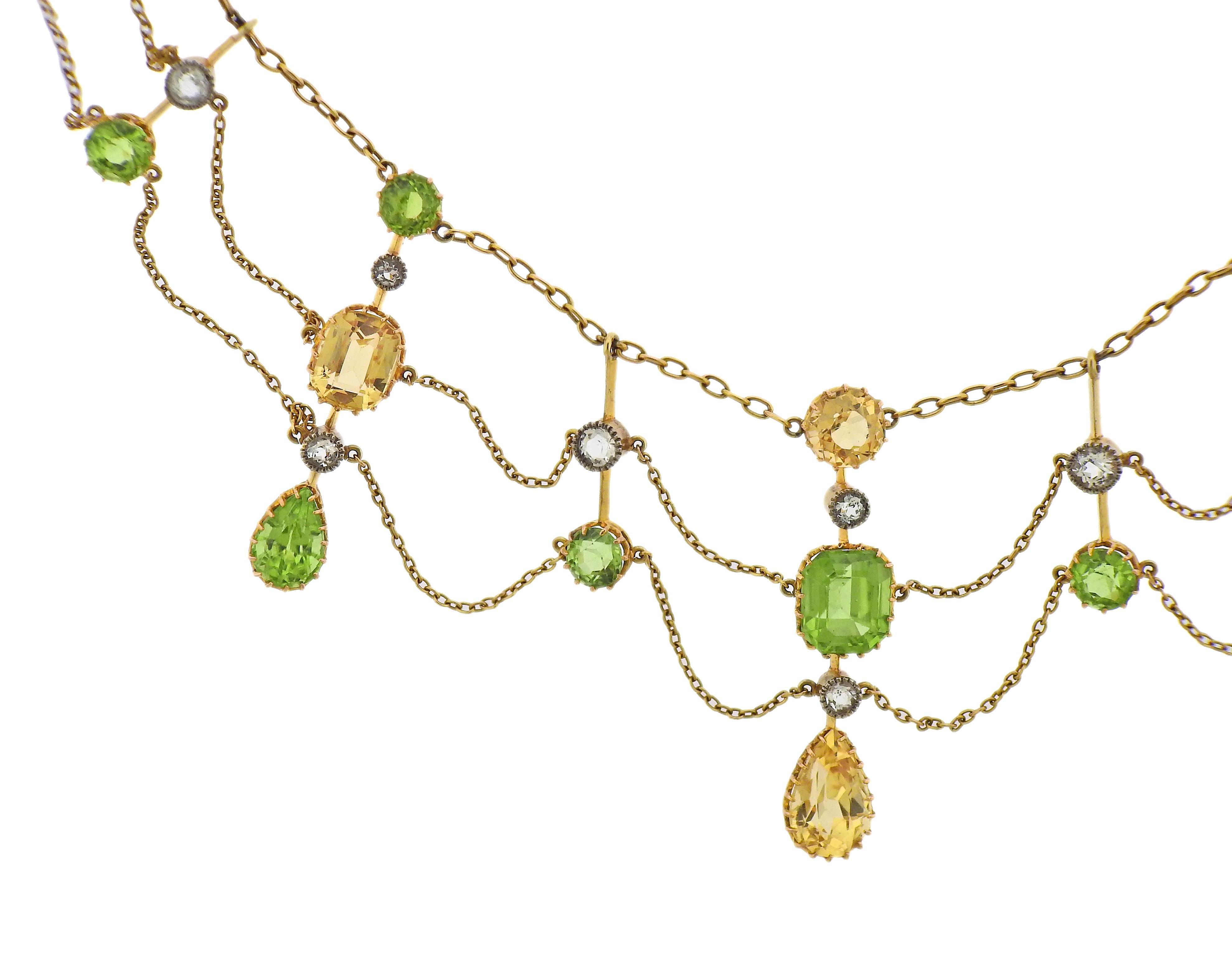 Antike Collier-Halskette aus 14 Karat Gold, besetzt mit Strass, Zitrinen und Peridots. Die Halskette ist 15,25