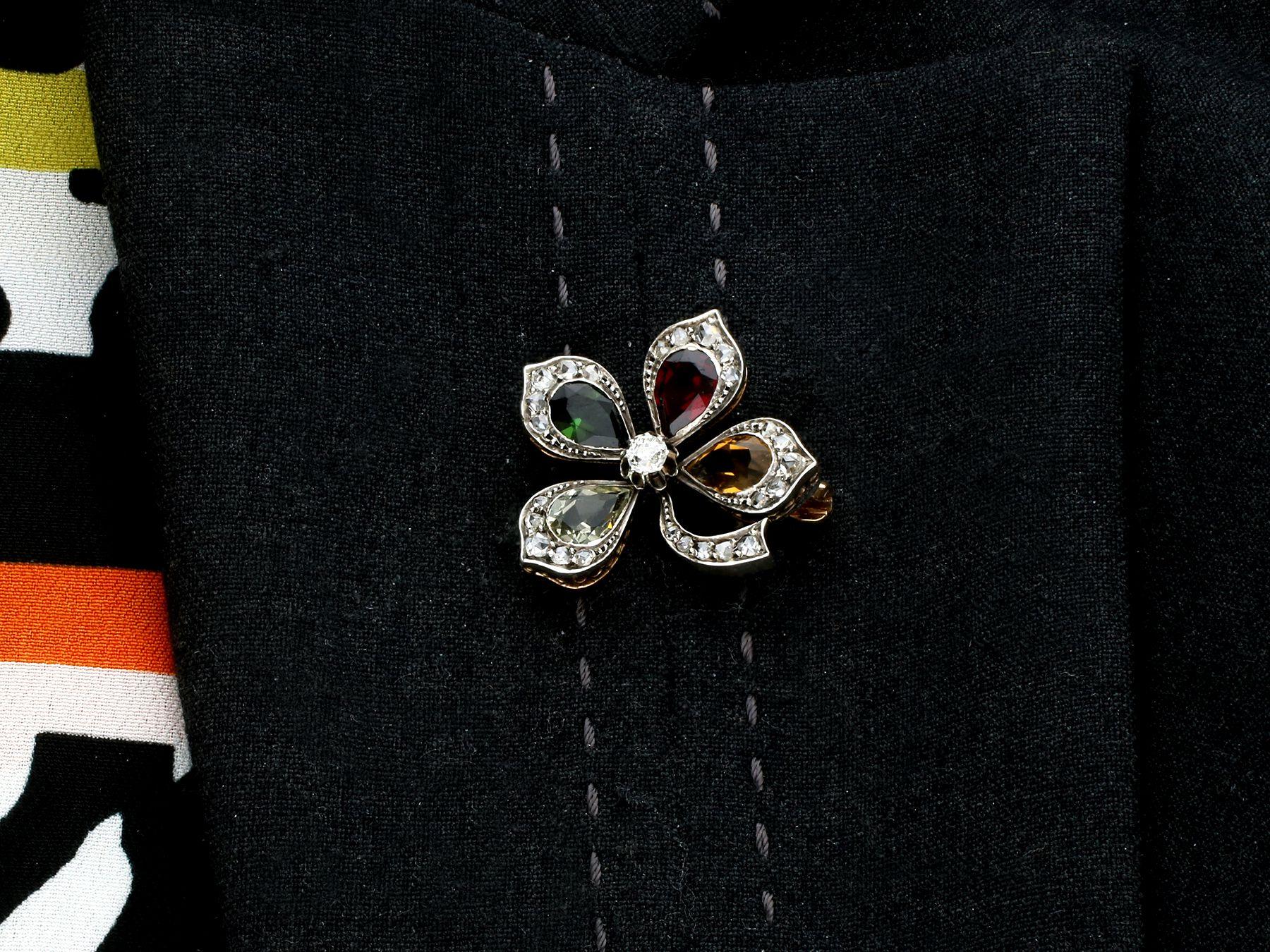 Antique Citrine Tourmaline Garnet and 0.67 Carat Diamond Floral Brooch For Sale 2