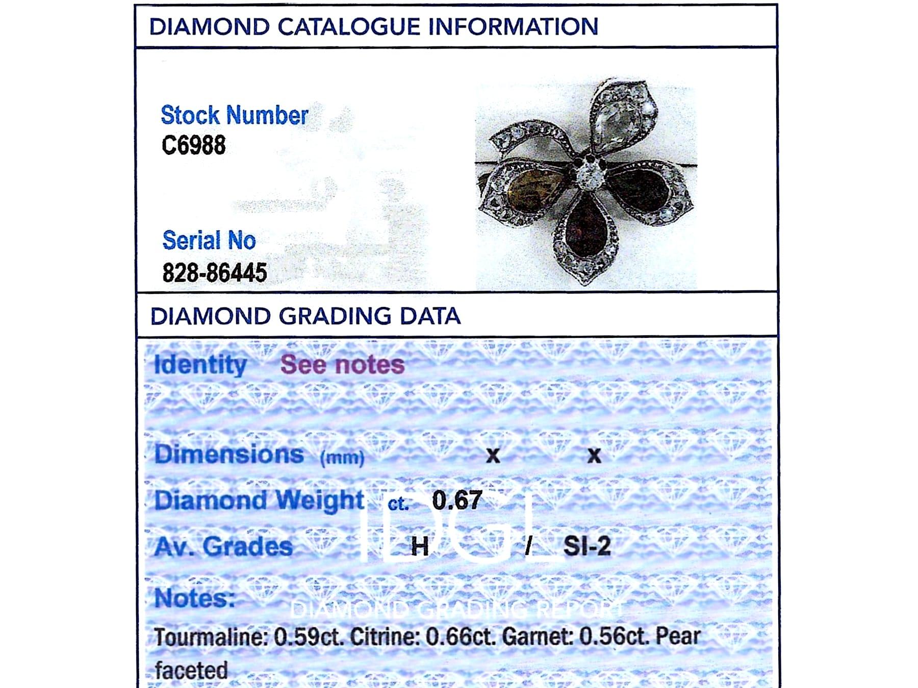 Antique Citrine Tourmaline Garnet and 0.67 Carat Diamond Floral Brooch For Sale 3