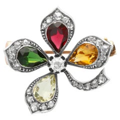 Antique Citrine Tourmaline Garnet and 0.67 Carat Diamond Floral Brooch