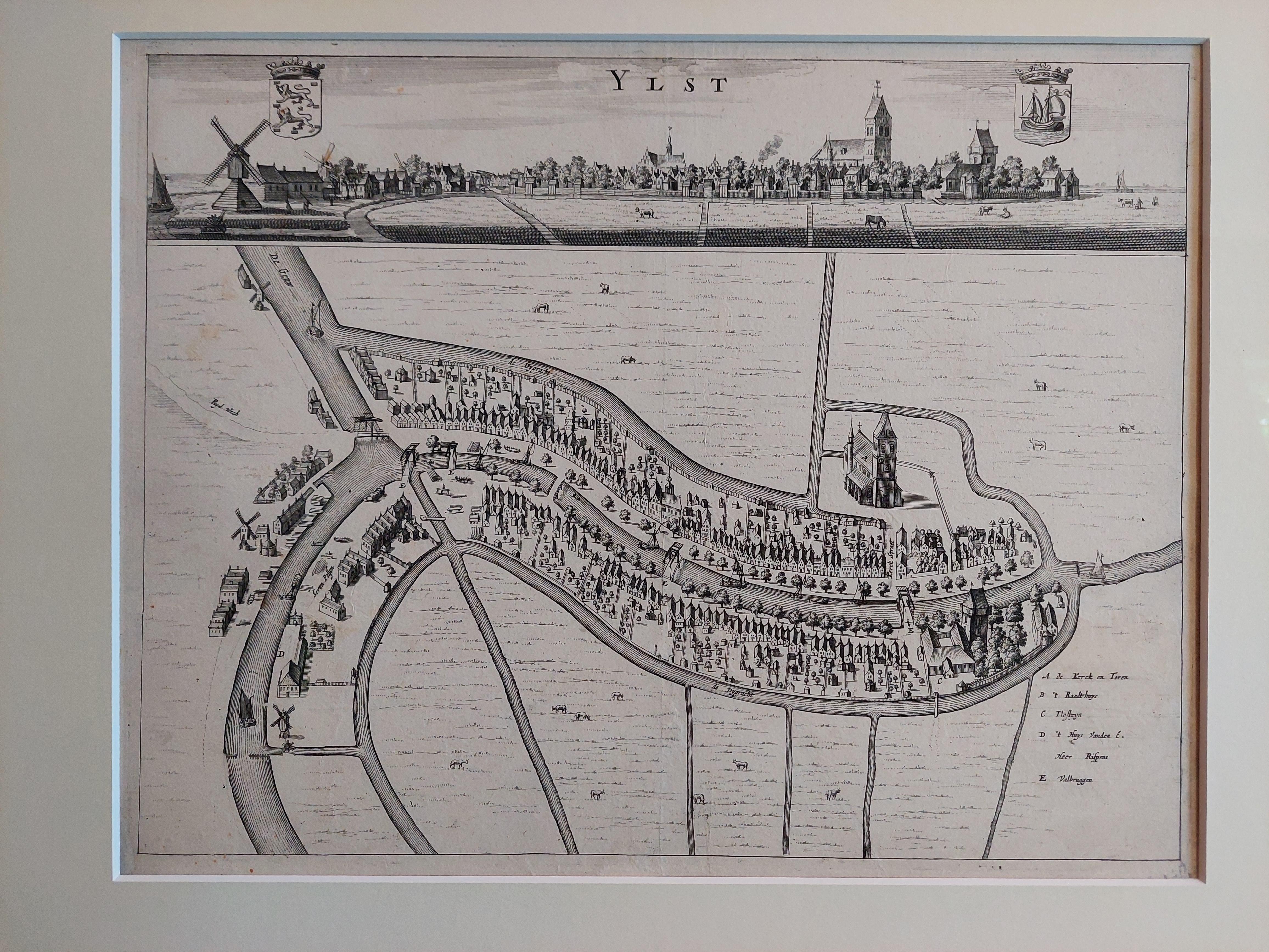 Antique map titled 'Ylst'. Old map and city view of the city of IJlst, Friesland. This map originates from 'Beschrijvinge van de Heerlyckheydt van Frieslandt' by B. Schotanus à Sterringa. Artists and Engravers: Bernardus Schotanus a Sterringa