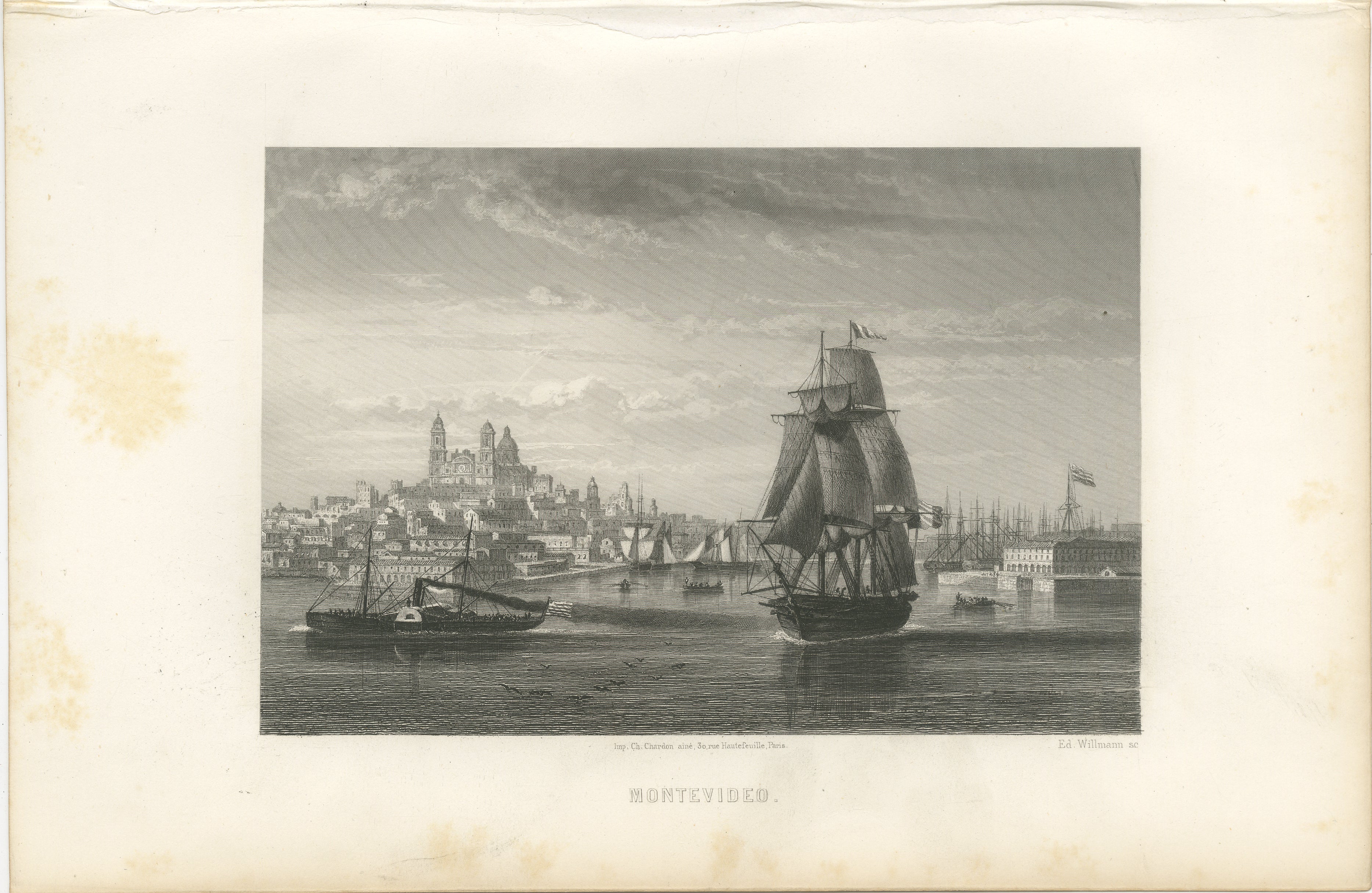 Gravure ancienne de Montevideo, vue du port et de la ville, 1867

Gravure intitulée Montevideo, publiée en 1867. Cette scène finement détaillée présente une vue d'ensemble de la capitale uruguayenne depuis l'eau, mettant en valeur le port animé et