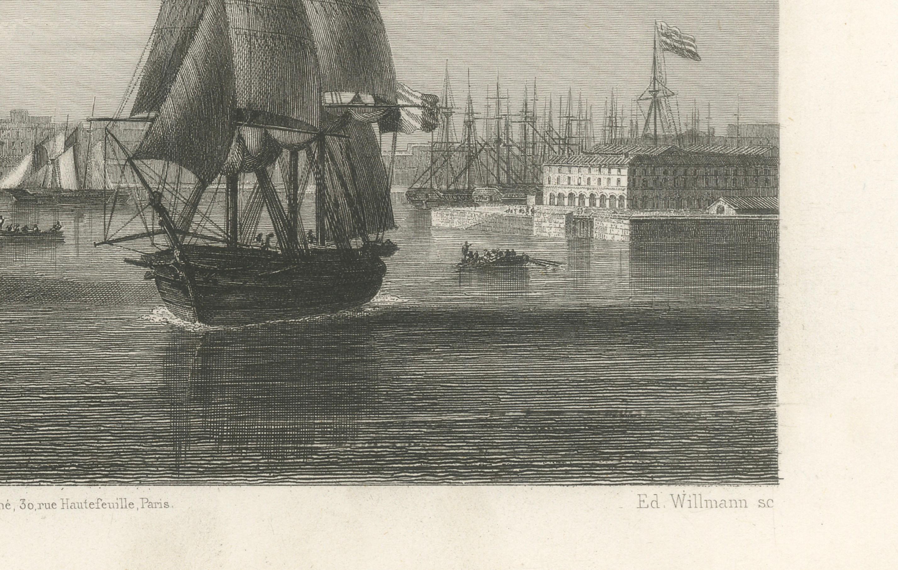 Français Gravure ancienne d'une vue de la ville - Port et horizon de Montevideo, 19e siècle en vente