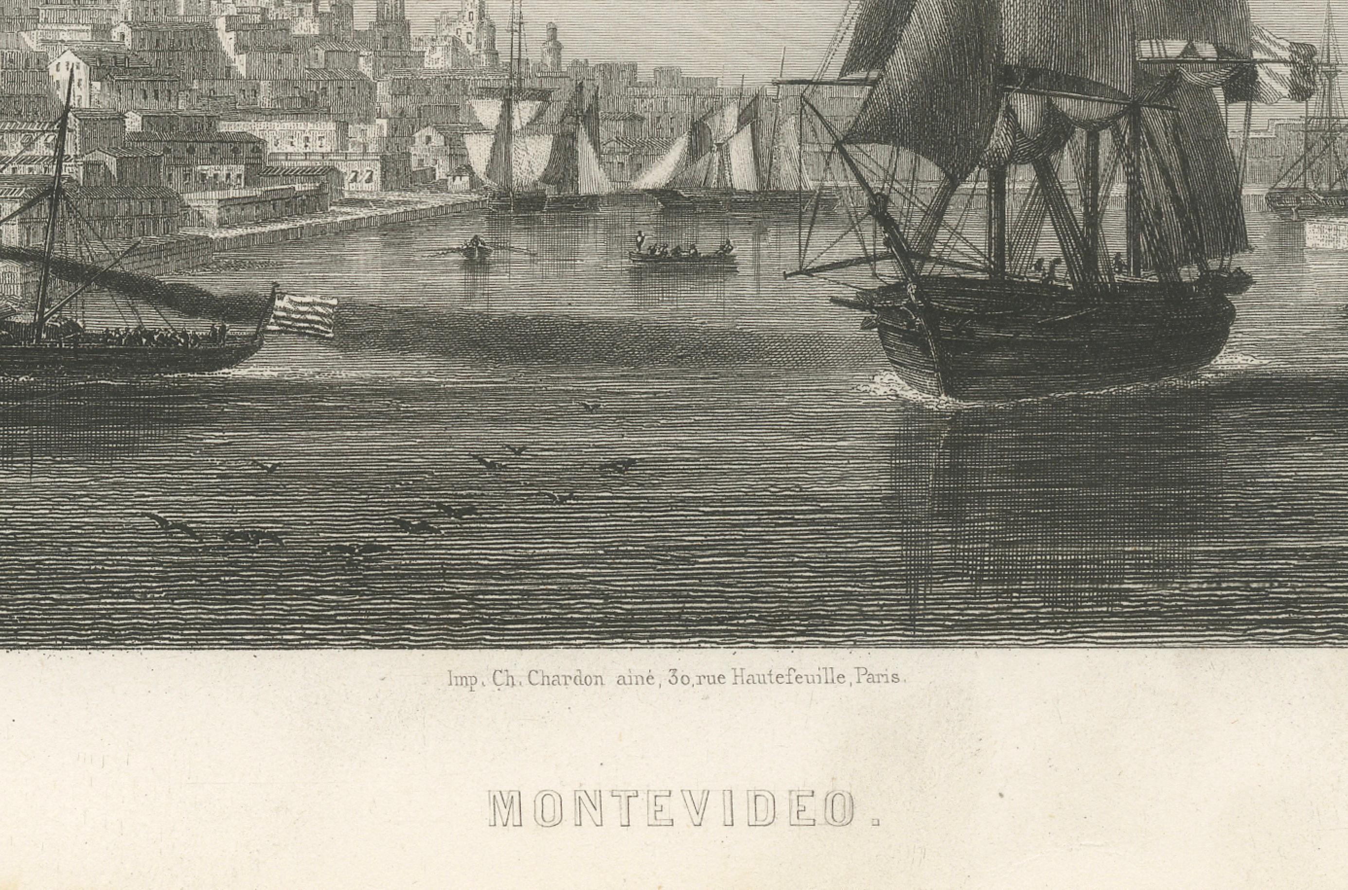 Grav�é Gravure ancienne d'une vue de la ville - Port et horizon de Montevideo, 19e siècle en vente