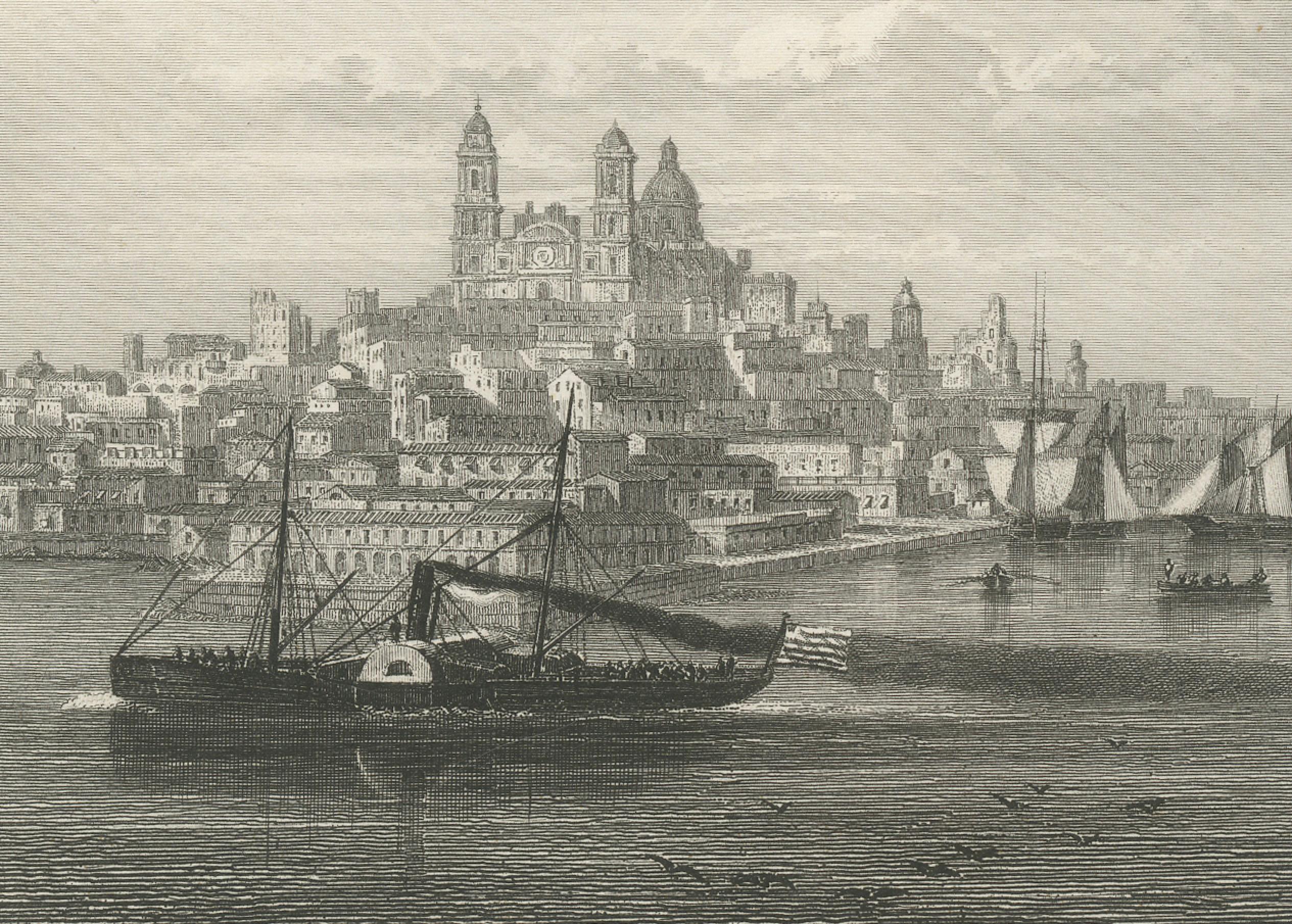Gravure ancienne d'une vue de la ville - Port et horizon de Montevideo, 19e siècle Bon état - En vente à Langweer, NL