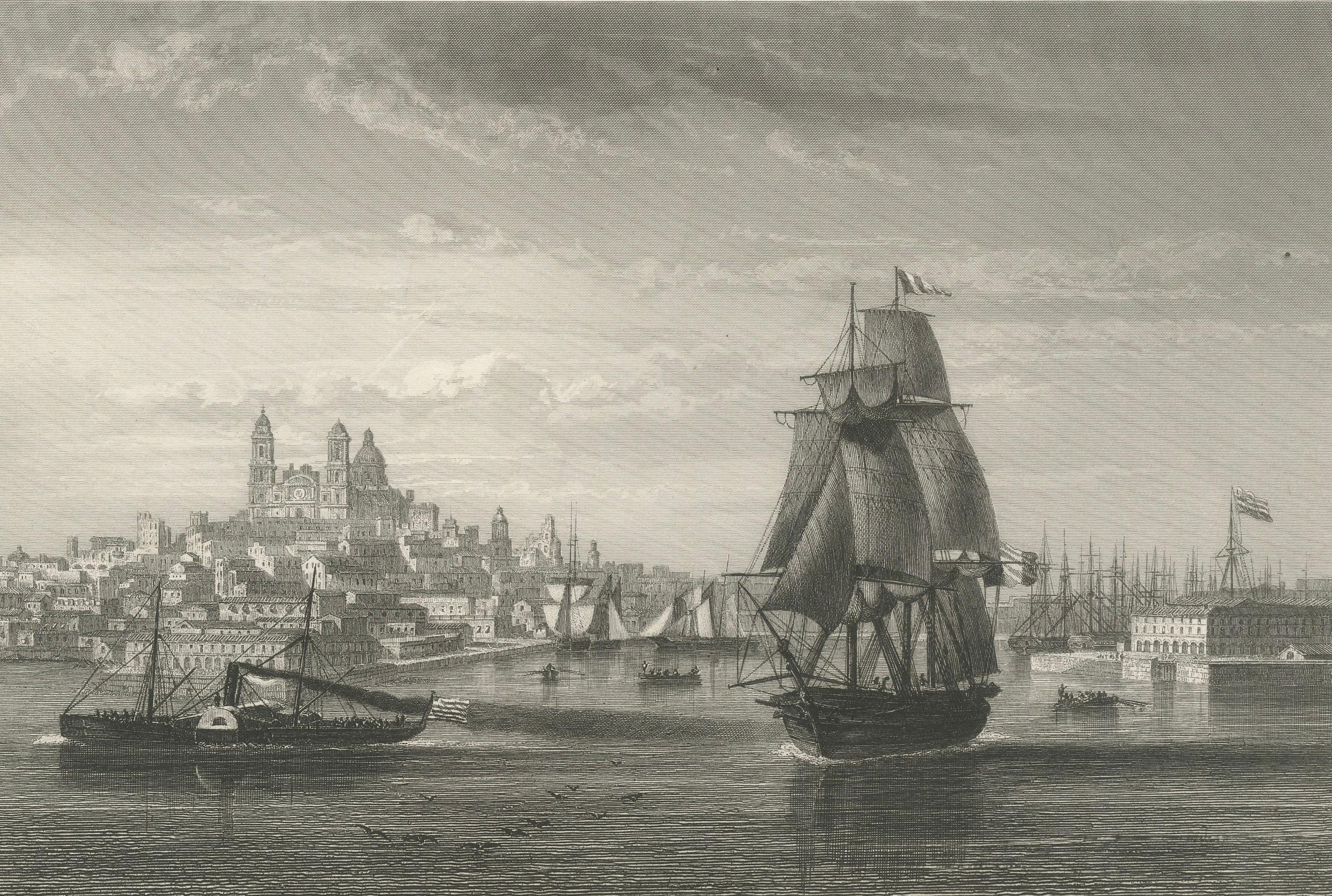 Milieu du XIXe siècle Gravure ancienne d'une vue de la ville - Port et horizon de Montevideo, 19e siècle en vente