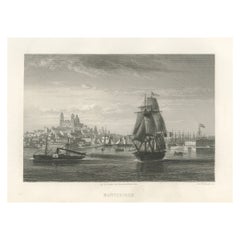 Antique City View Engraving – Montevideo Harbor and Skyline, 19th Century