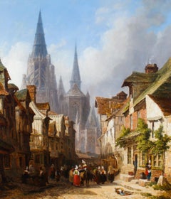 Antique Cityscape Oil Painting of Rouen by Caleb Robert Stanley 19th C