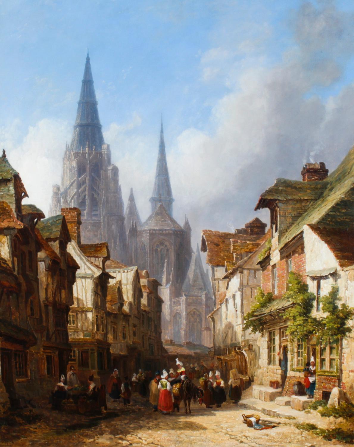 British Antique Cityscape Oil Painting of Rouen by Caleb Robert Stanley 19th C