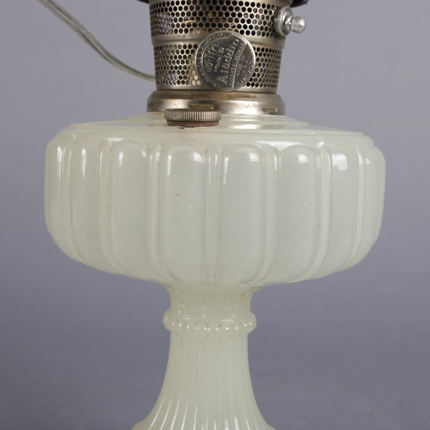 19th Century Antique Clambroth Glass Pedestal Electrified Table Lamp by Aladdin Co.