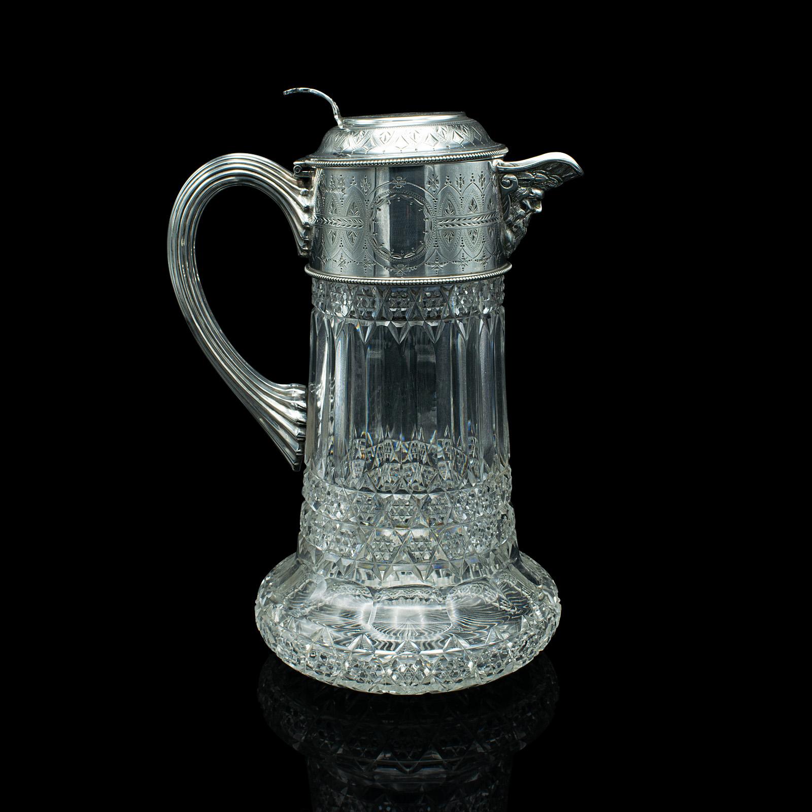 Late Victorian Antique Claret Jug, English, Cut Glass, Silver Plate, Decanter, Victorian, 1900 For Sale