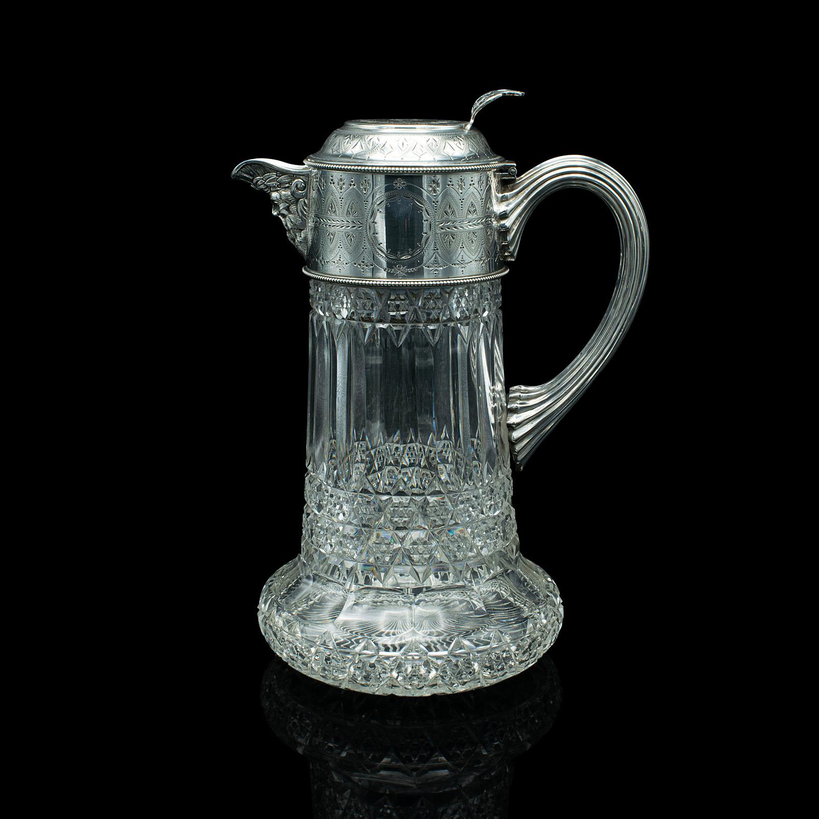 Antique Claret Jug, English, Cut Glass, Silver Plate, Decanter, Victorian, 1900 In Good Condition For Sale In Hele, Devon, GB
