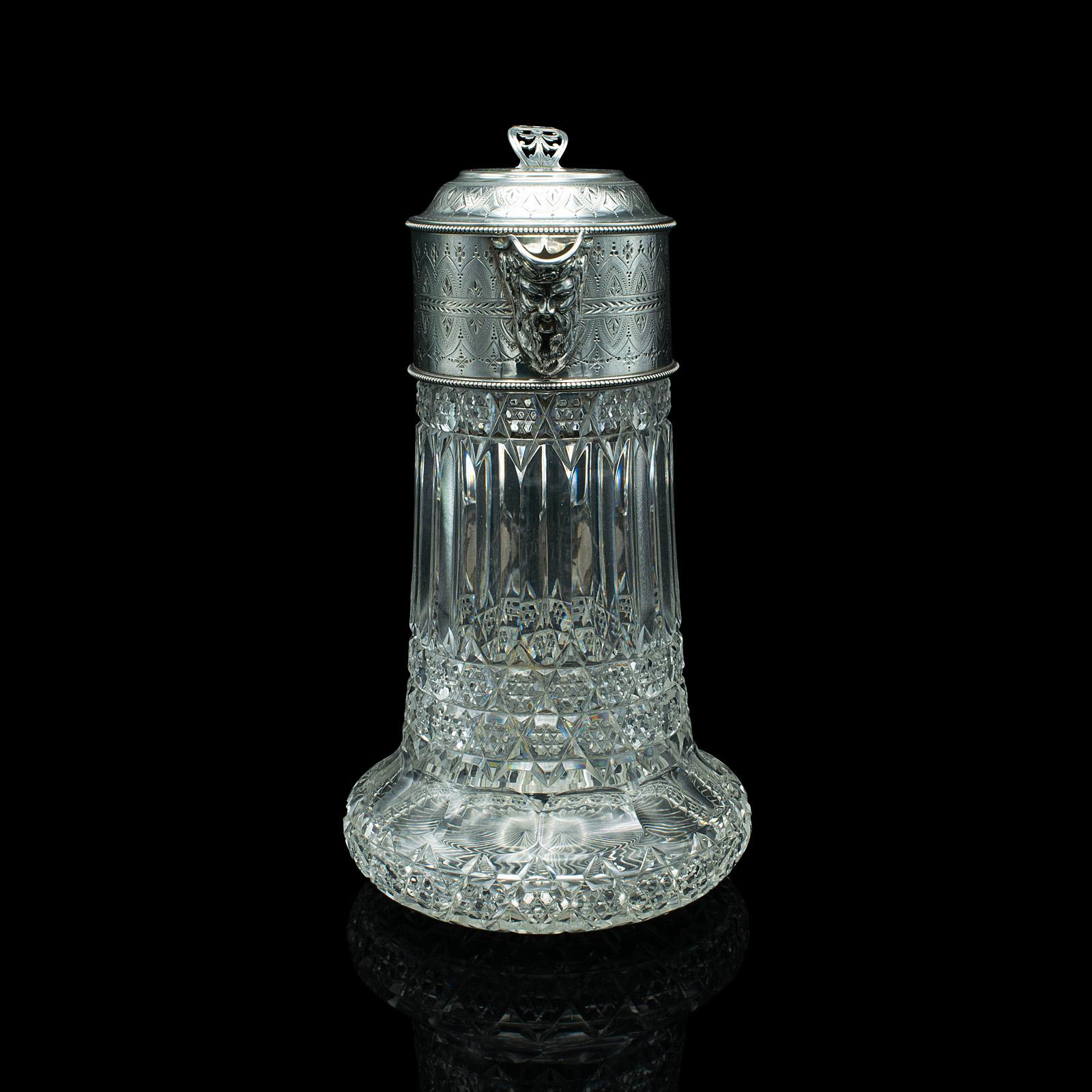 20th Century Antique Claret Jug, English, Cut Glass, Silver Plate, Decanter, Victorian, 1900 For Sale