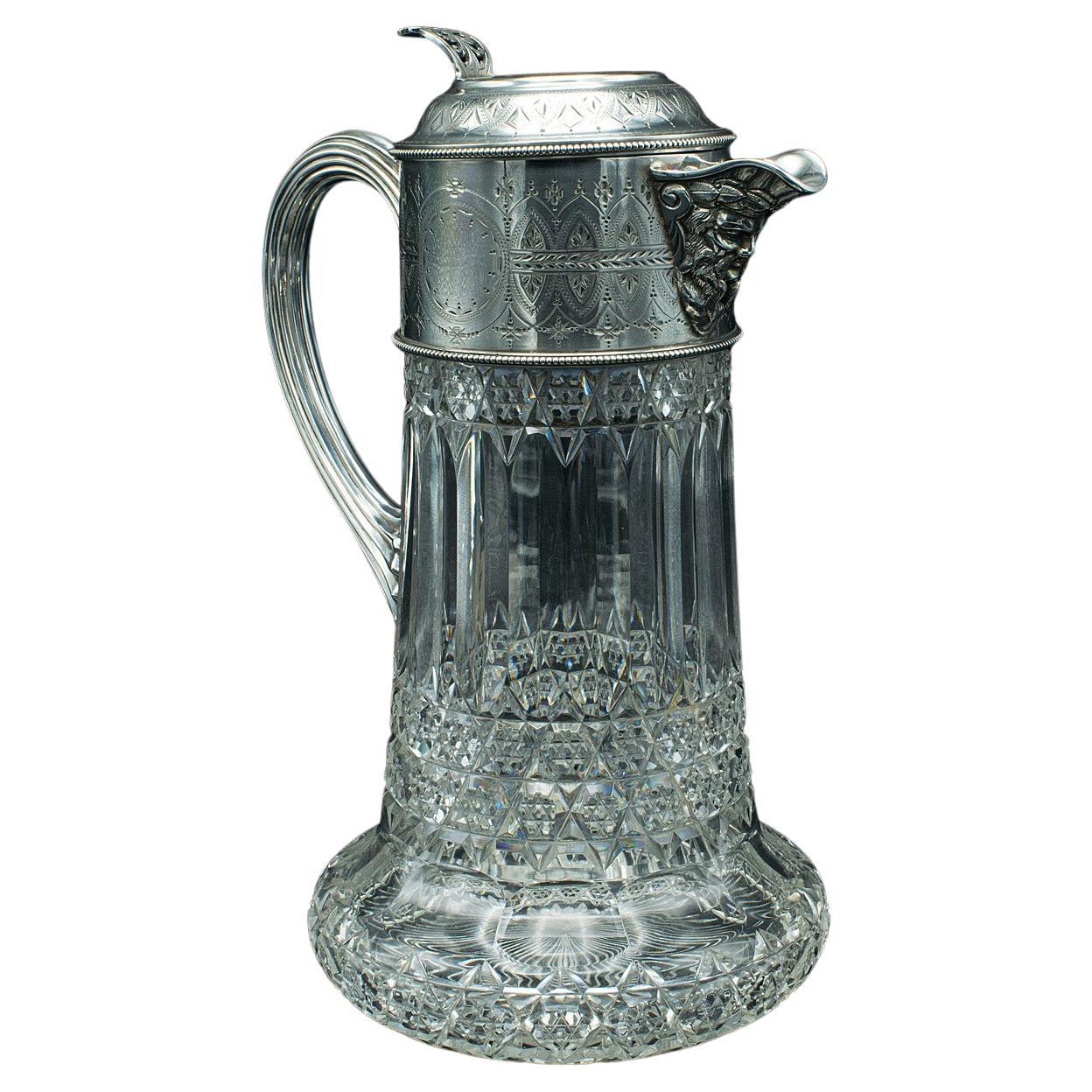 Antique Claret Jug, English, Cut Glass, Silver Plate, Decanter, Victorian, 1900 For Sale