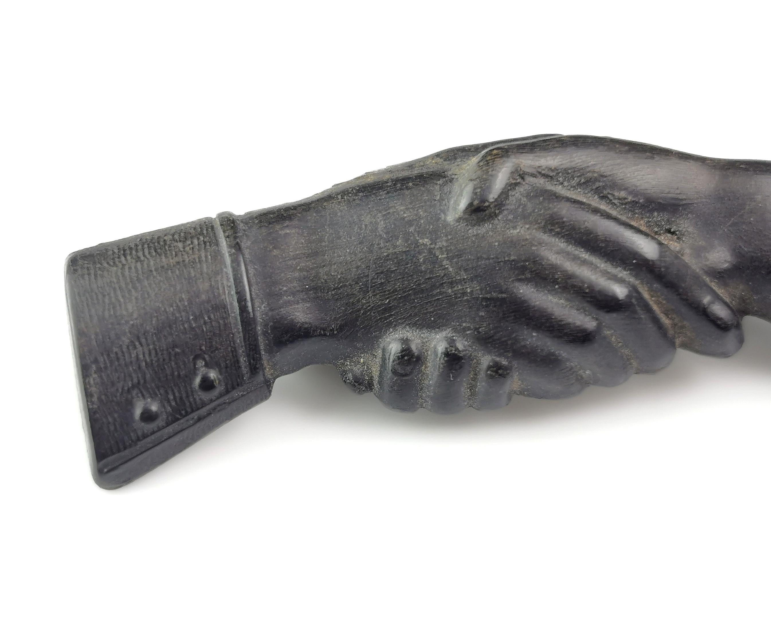 Women's Antique clasped hands brooch, Bog oak, Victorian  For Sale