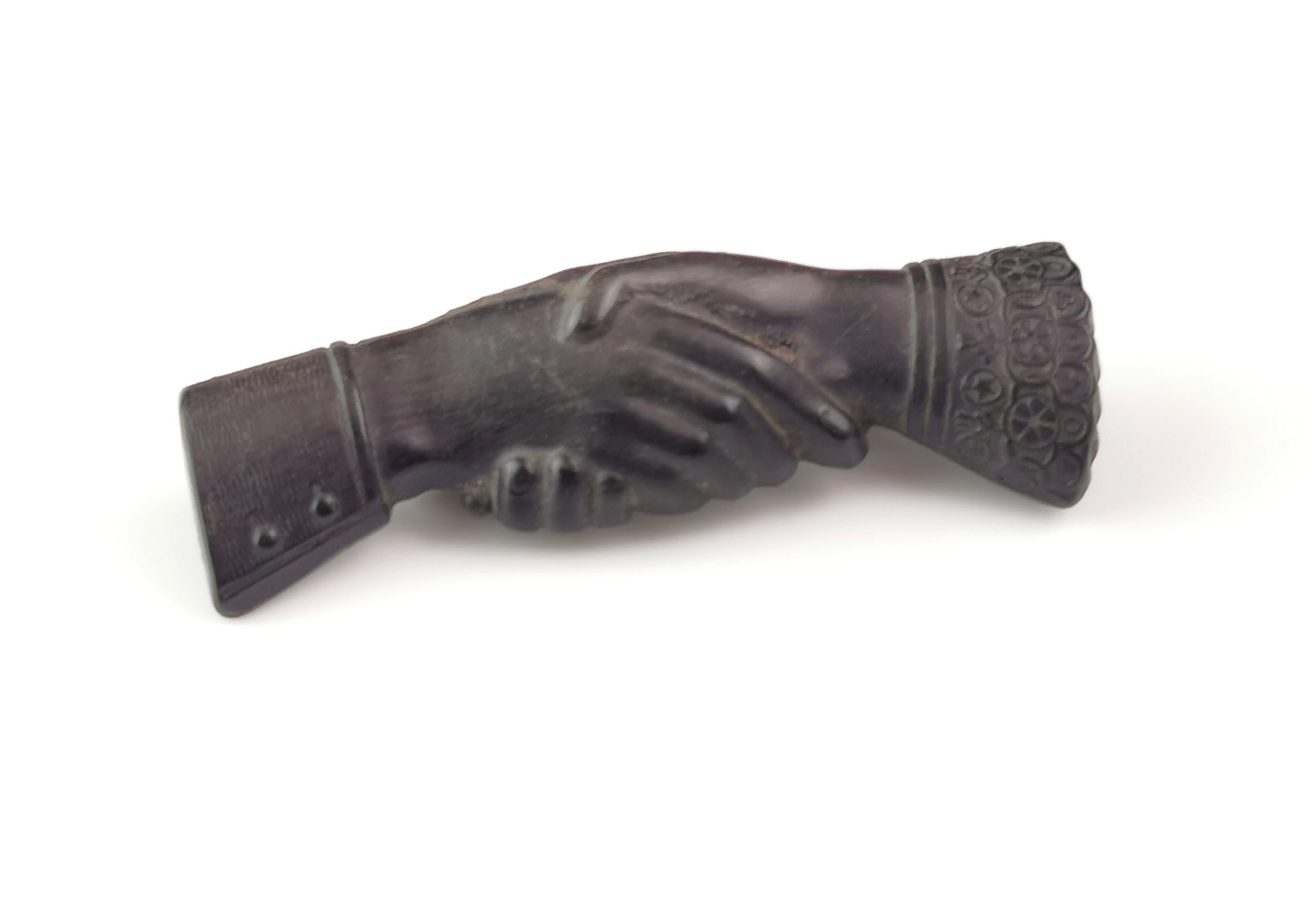 Antique clasped hands brooch, Bog oak, Victorian  For Sale 1