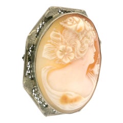 Antique Classic Art Deco 14k White Gold Carved Cameo Shell Open Work Pin Brooch