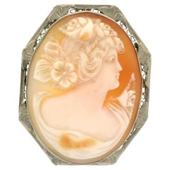 Antiguo broche clásico Art Decó de oro blanco de 14 quilates tallado concha camafeo de obra abierta