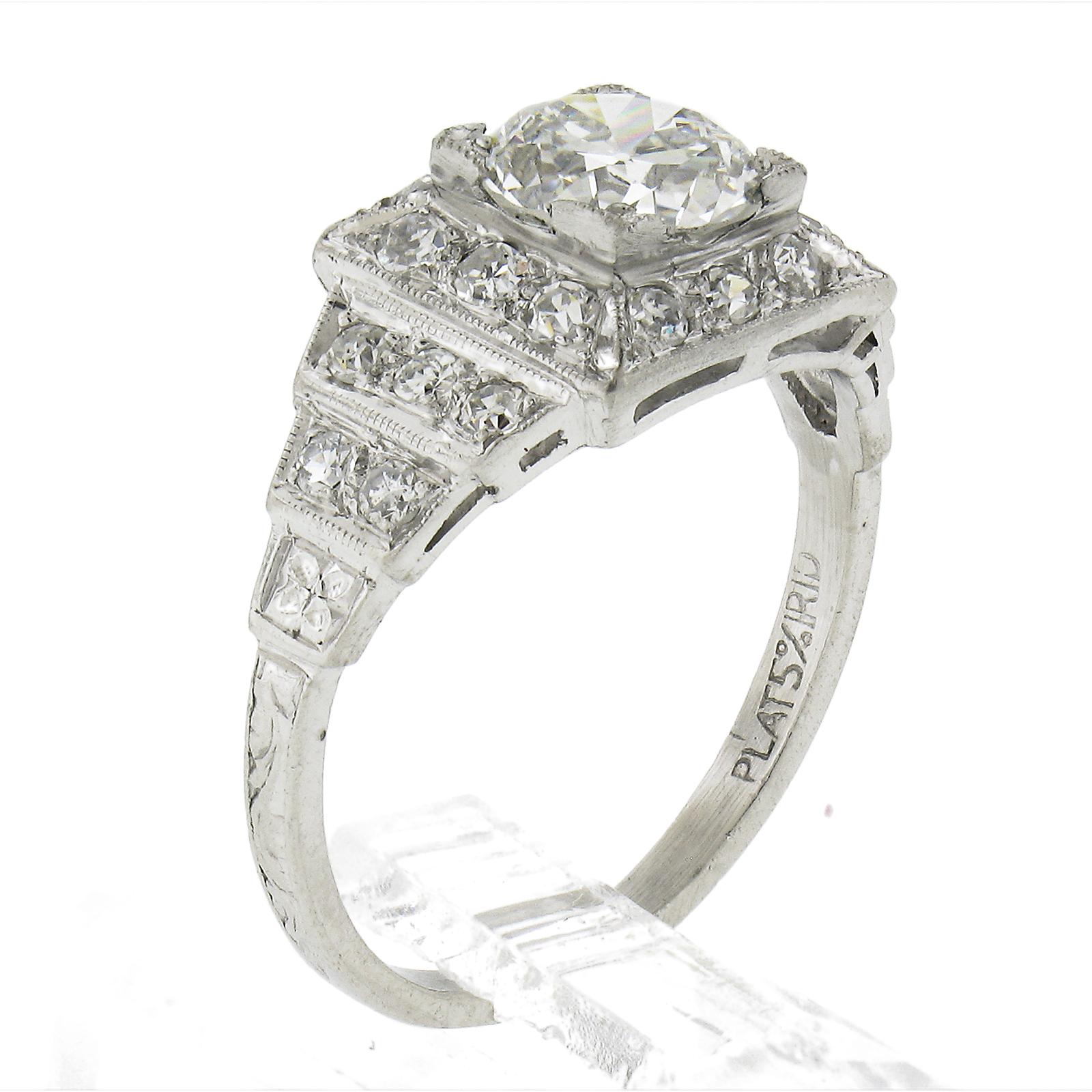 Antique Classic Art Deco Platinum 1.64ct GIA Old Diamond Pyramid Engagement Ring For Sale 3