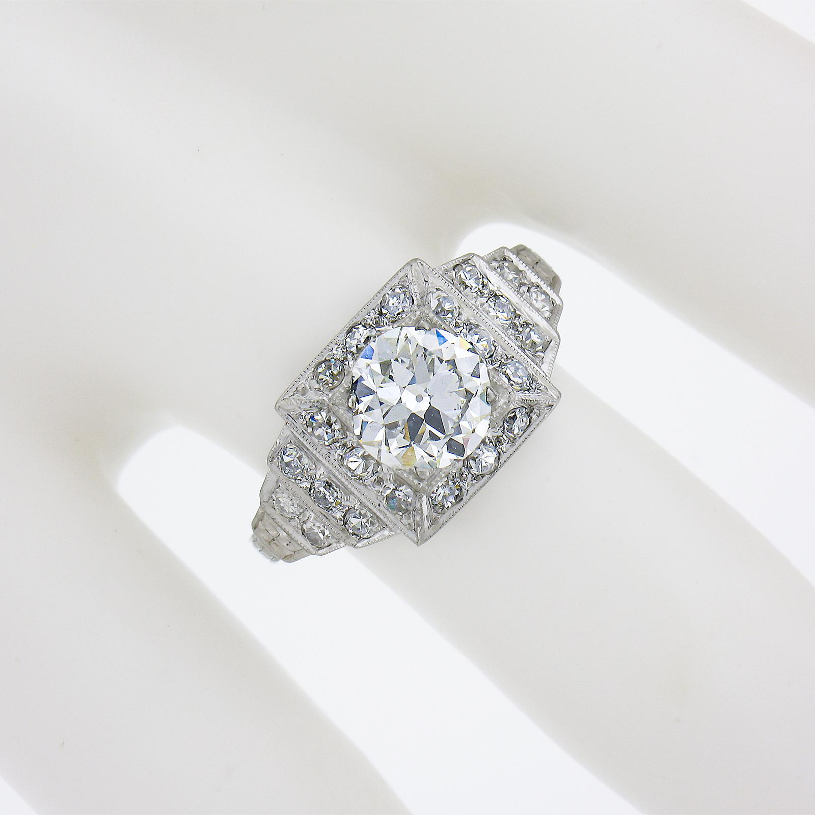 Old European Cut Antique Classic Art Deco Platinum 1.64ct GIA Old Diamond Pyramid Engagement Ring For Sale