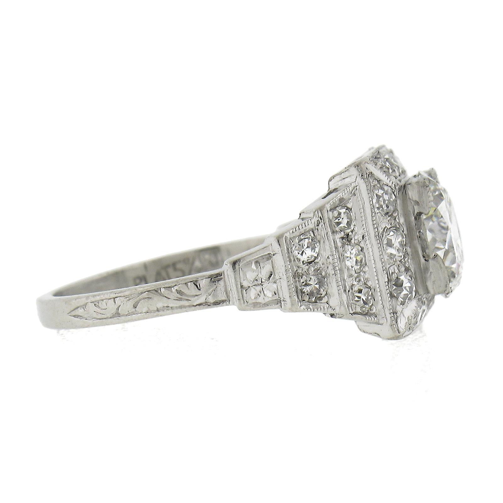 Antique Classic Art Deco Platinum 1.64ct GIA Old Diamond Pyramid Engagement Ring In Excellent Condition For Sale In Montclair, NJ