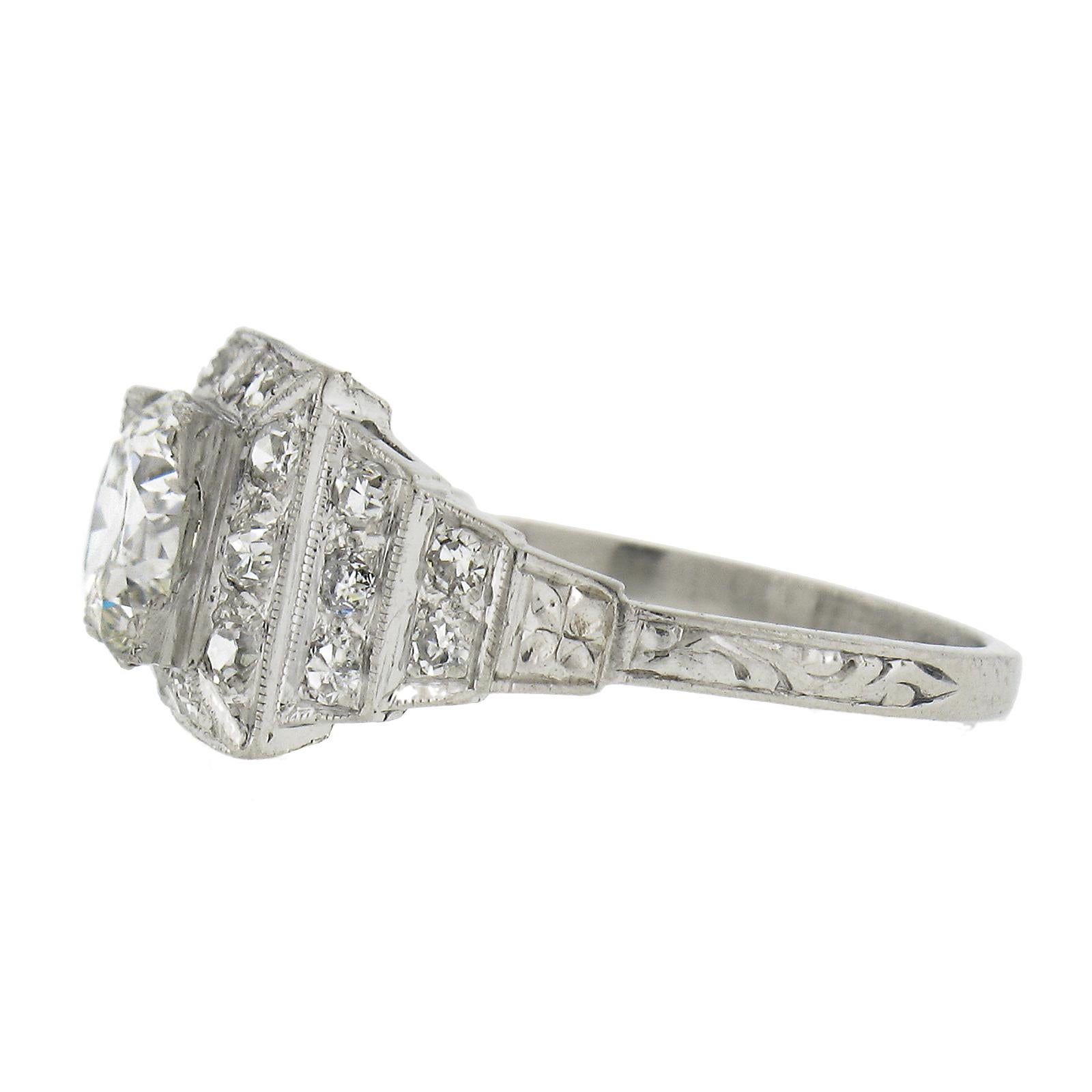 Women's Antique Classic Art Deco Platinum 1.64ct GIA Old Diamond Pyramid Engagement Ring For Sale