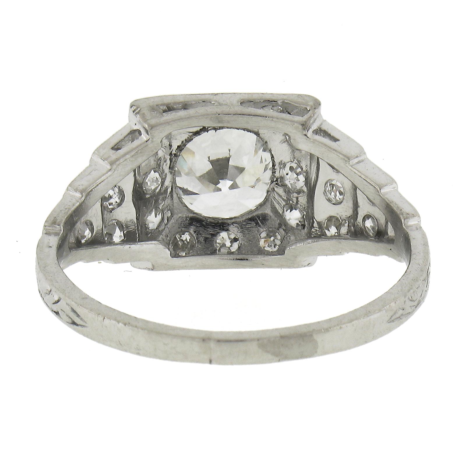 Antique Classic Art Deco Platinum 1.64ct GIA Old Diamond Pyramid Engagement Ring For Sale 1