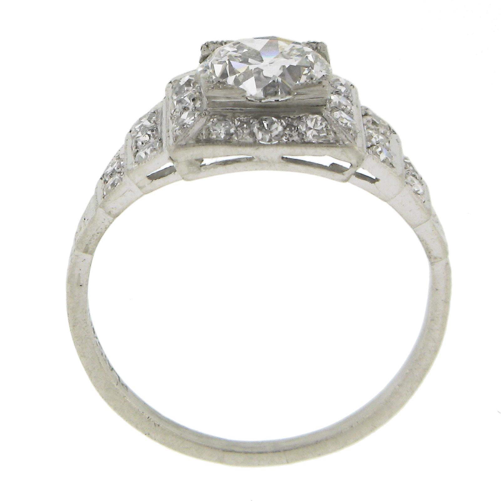 Antique Classic Art Deco Platinum 1.64ct GIA Old Diamond Pyramid Engagement Ring For Sale 2