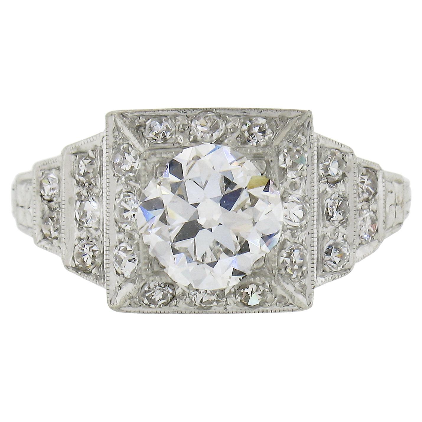 Antique Classic Art Deco Platinum 1.64ct GIA Old Diamond Pyramid Engagement Ring For Sale