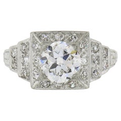 Antique Classic Art Deco Platinum 1.64ct GIA Old Diamond Pyramid Engagement Ring