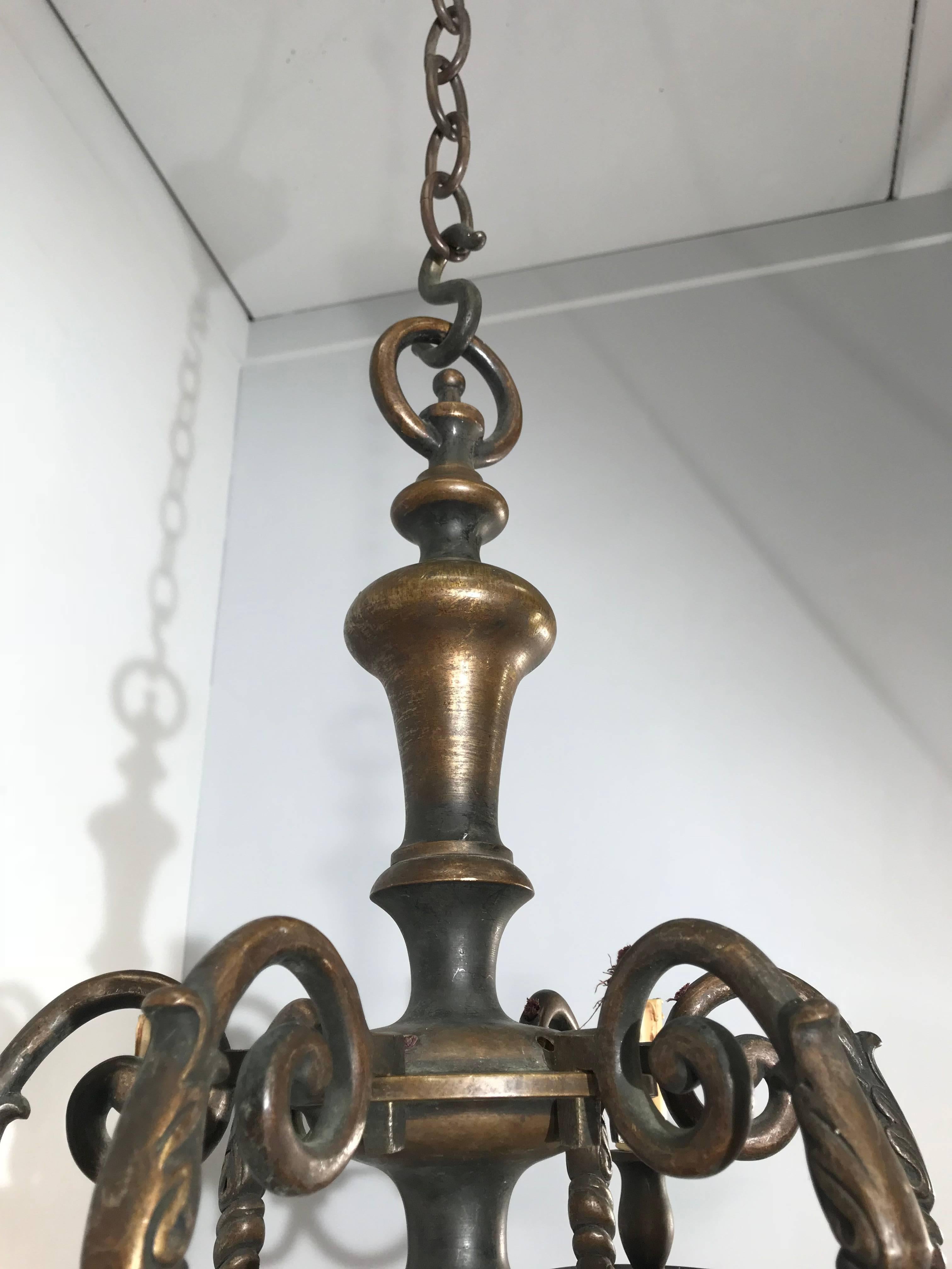 Dutch Antique Classic Design Heavy Bronze Six-Arm Candle or Electric Chandelier