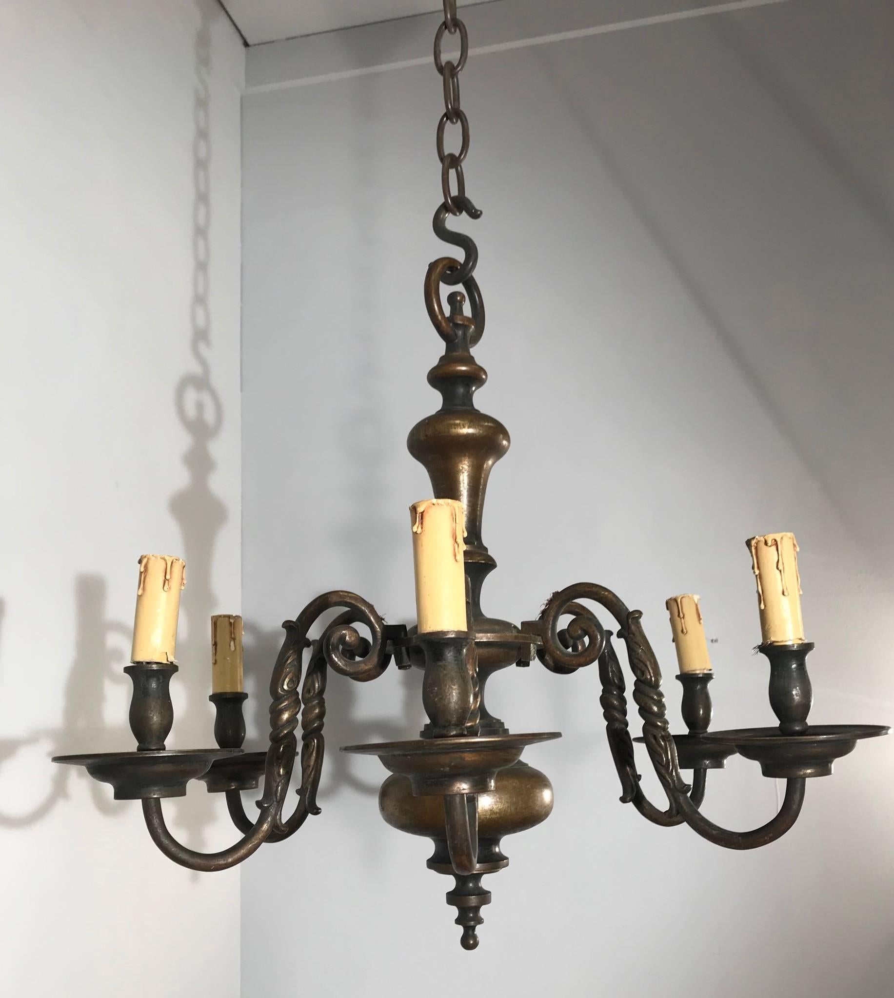 Hand-Crafted Antique Classic Design Heavy Bronze Six-Arm Candle or Electric Chandelier