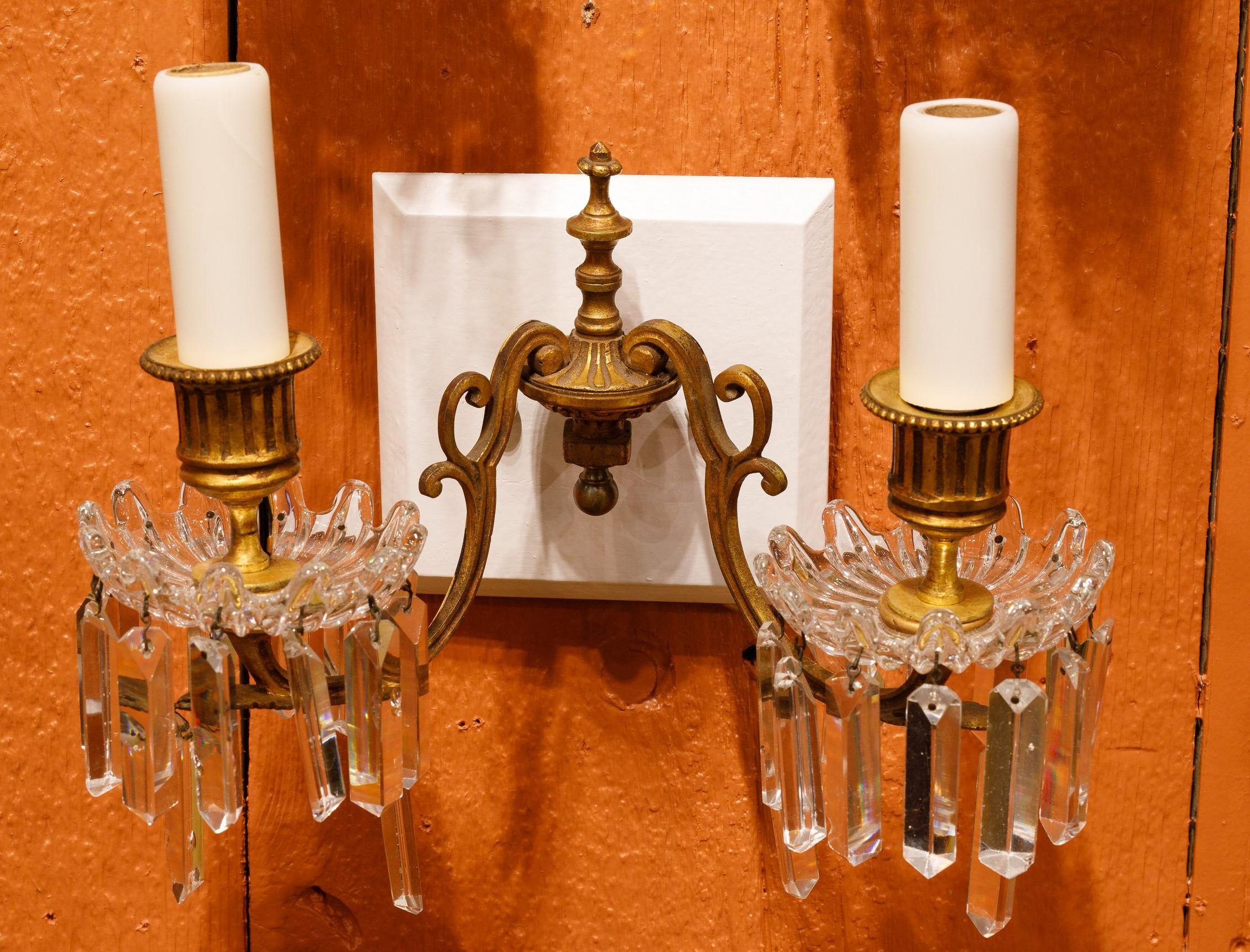Louis XVI Antique Classic French Two Arm Bronze D'ore and Baccarat Crystal Sconces 'Pair' For Sale