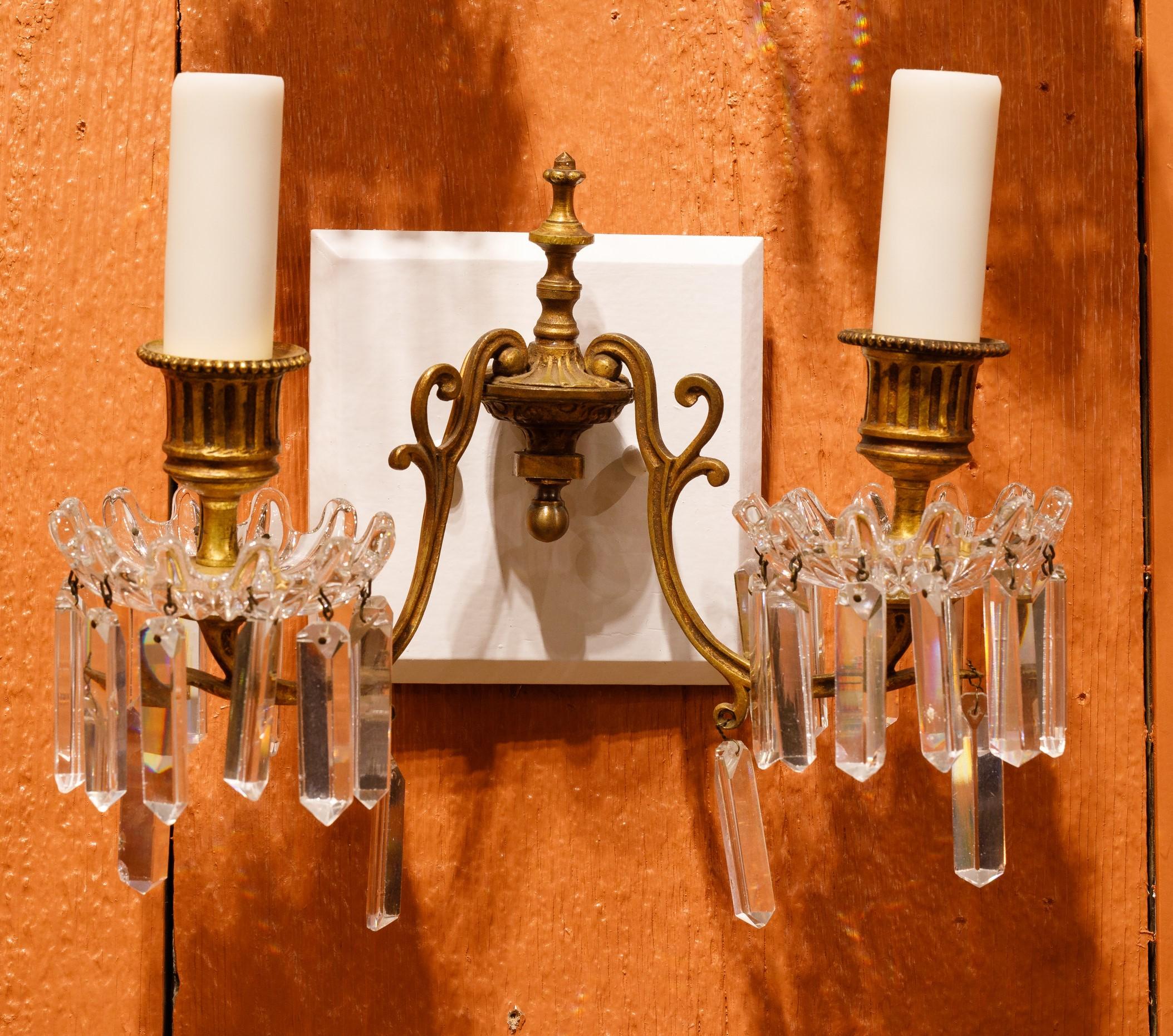 Gilt Antique Classic French Two Arm Bronze D'ore and Baccarat Crystal Sconces 'Pair' For Sale