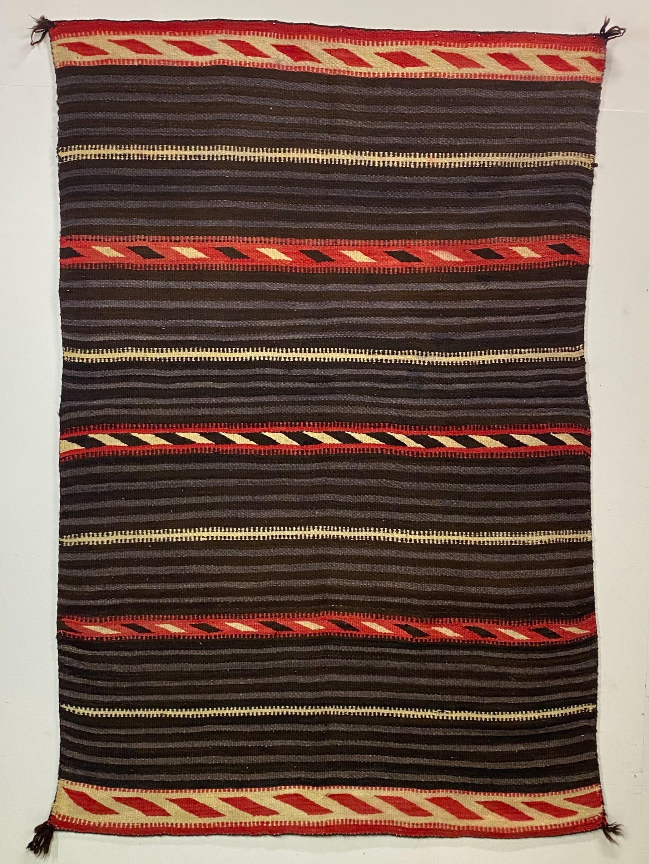 Late 19th century classic Moki style Navajo wearing blanket.
The Moki pattern is one of the oldest designs in Navajo weaving and can be traced archaeologically to circa 1750.
Recently cleaned, shows some minor light fading and old repairs (please