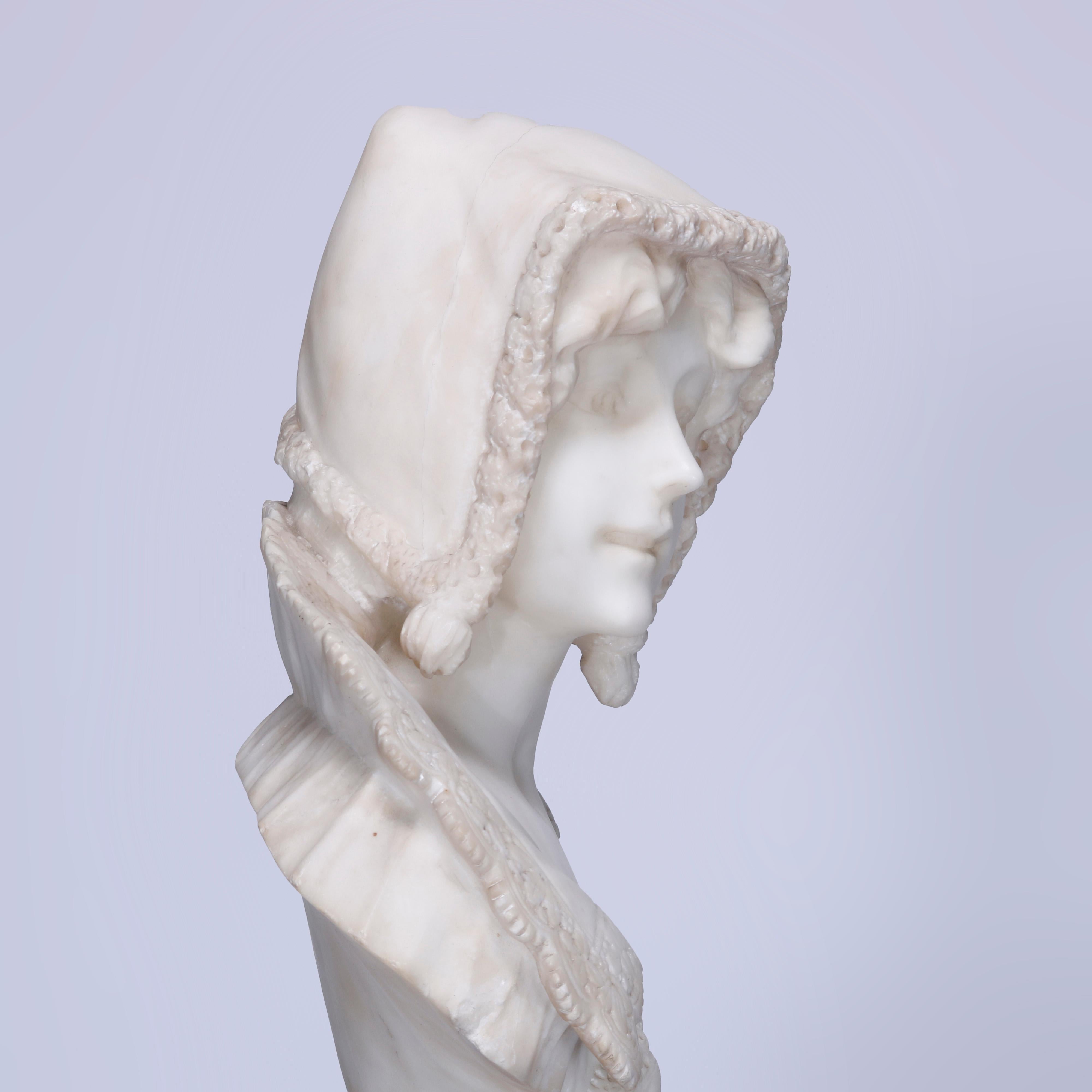 Antique Classical Alabaster Portrait Bust Sculpture of a Woman & Pedestal, c1890 4